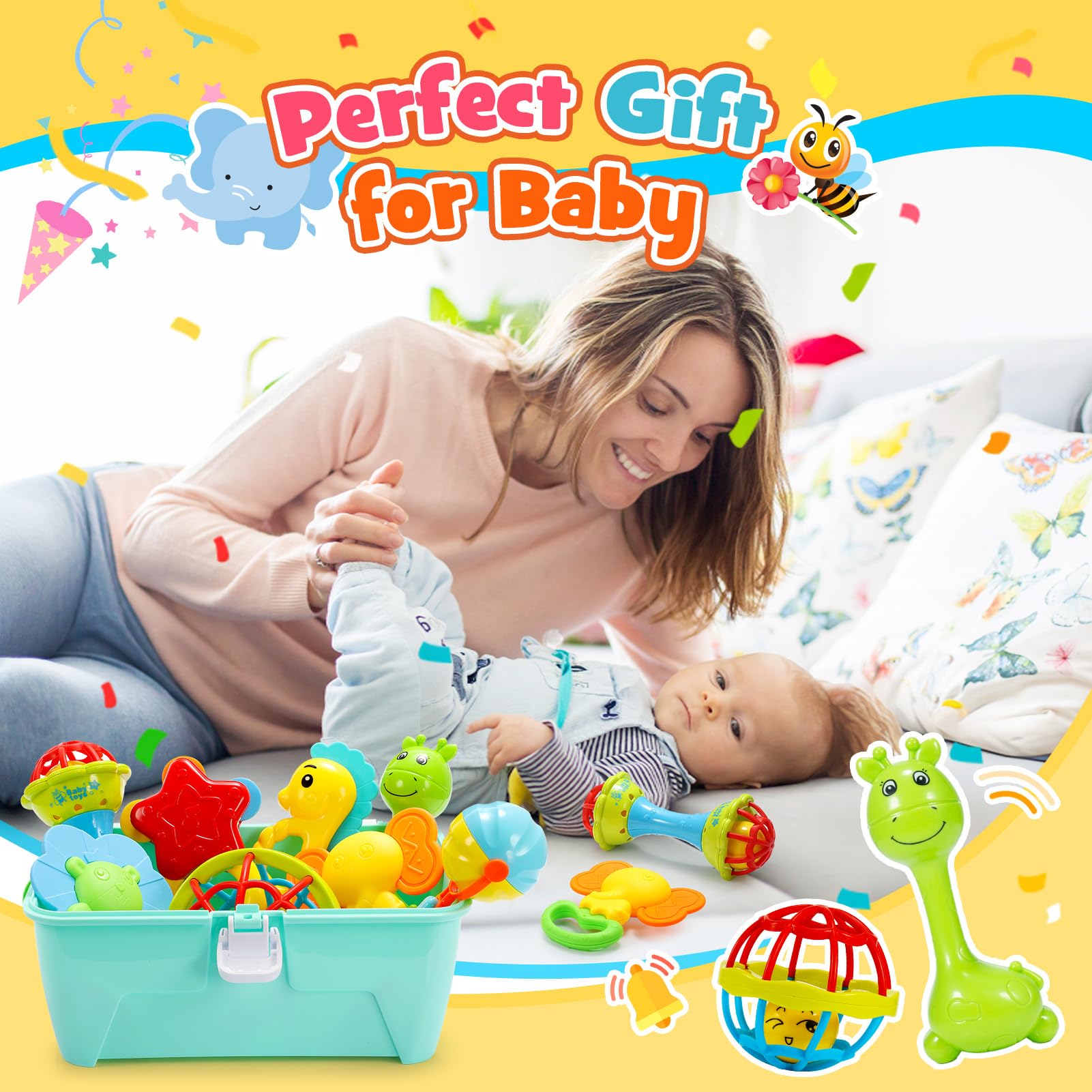 Rasseln Beißring Set mit Aufbewahrungsbox, Baby Spielzeug ab 0 6 8 12 Monate Baby Geschenk Junge Mädchen Babyspielzeug ab 6 8 12 Monate Montessori Spielzeug Baby ab 0-12 Monate Neugeborenen Geschenk