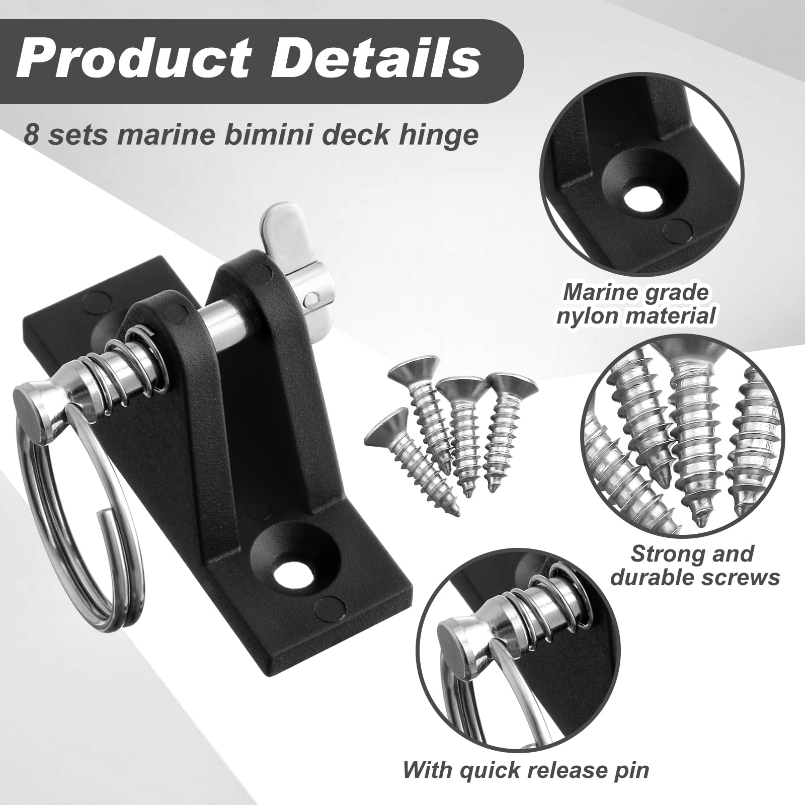 JaGely 8-Pack Bimini Top Deck Hinges With Quick Release Pins - 316 Stainless Steel & Nylon, Black