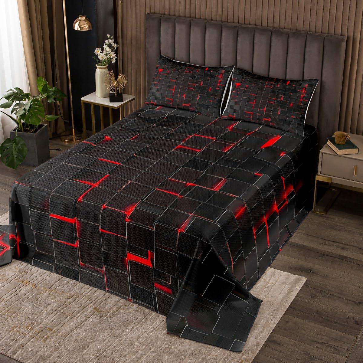 Erosebridal 3D Modern Geometric Square Coverlet Sets Red Neon Light Kids Bedspread Sets Room Decor 3 Pcs,Black Honeycomb Geometric Quilt Set Modern Abstract Art Bed Set King Size for Teen Boys