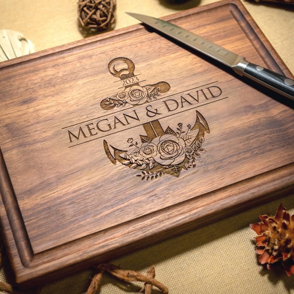 Personalized Hardwood Cutting Board - Wedding, Anniversary, Engagement, Honeymoon Gift - Best Gift Idea for Couples, Newlyweds - USA Made - Nautical Anchor Design 016
