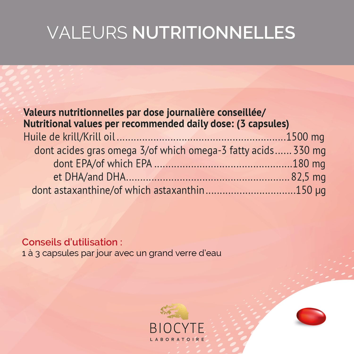 BIOCYTE Oméga 3 Krill - Vision & Fonction Cardiaque Normale - Huile de Krill, Riche En Omega 3 - Programme de 3 Mois