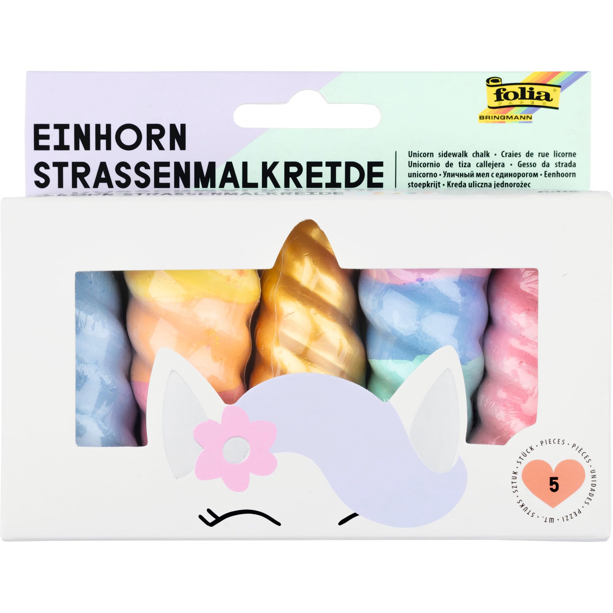 Folia 380509 - Einhorn Straßenmalkreide für Kinder, 5 Stück in Regenbogenfarben, Unicorn Kreide im Horn-Design