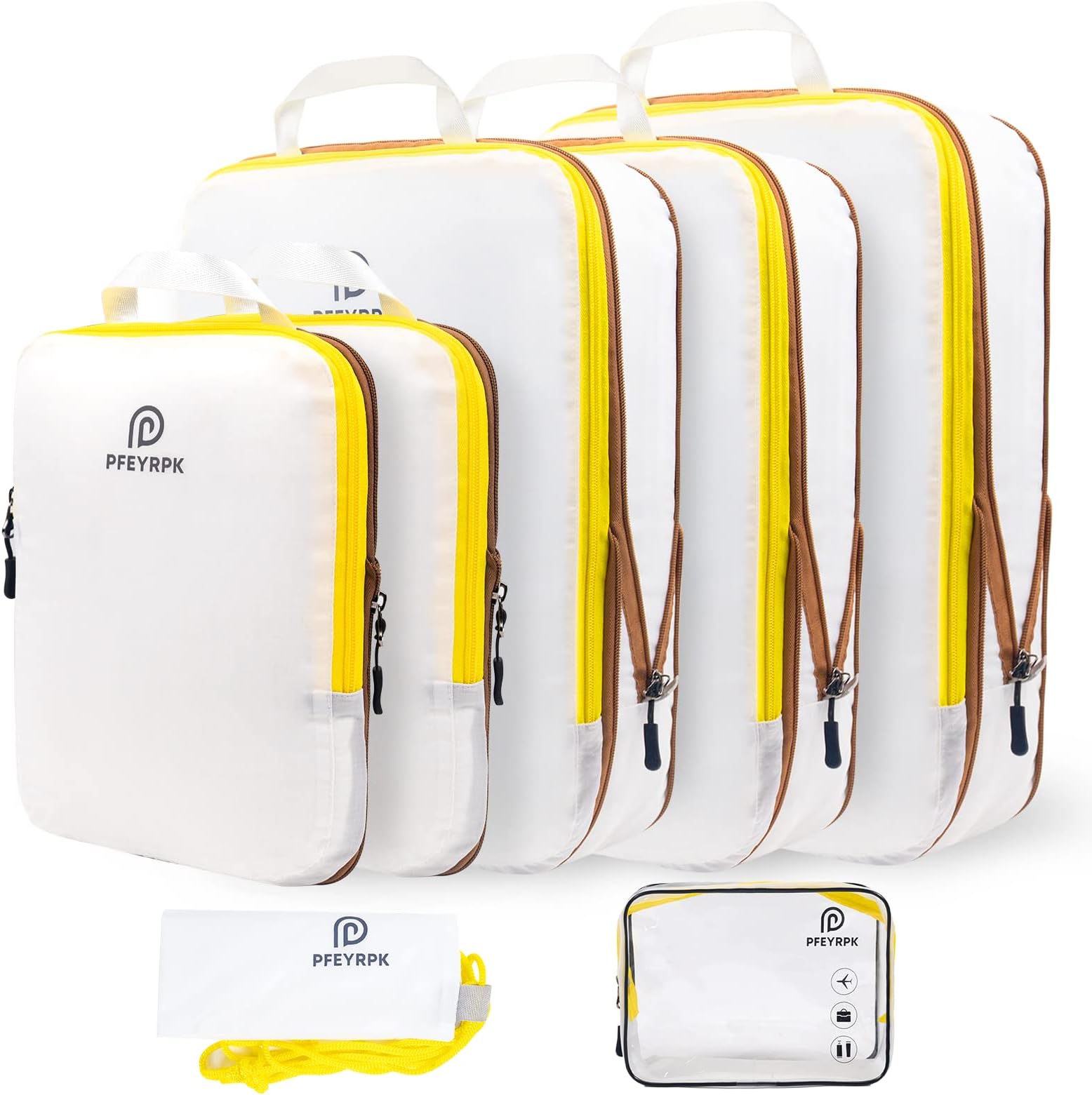Lightweight Compression Packing Cubes for Suitcases, Compressible Expandable Travel Organizer with Clear Toiletries and Backpack Bag, Essentials Carry on Luggage 7 Set, White/Yellow