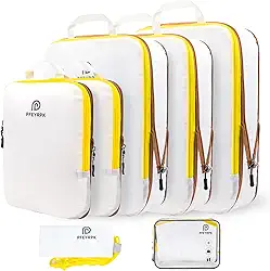 Cubos leves de compressão para malas PFEYRPK, organizador expansível de viagem com artigos de higiene e mochila transparentes, itens essenciais de viagem para bagagem de mão, conjunto com 7, Branco