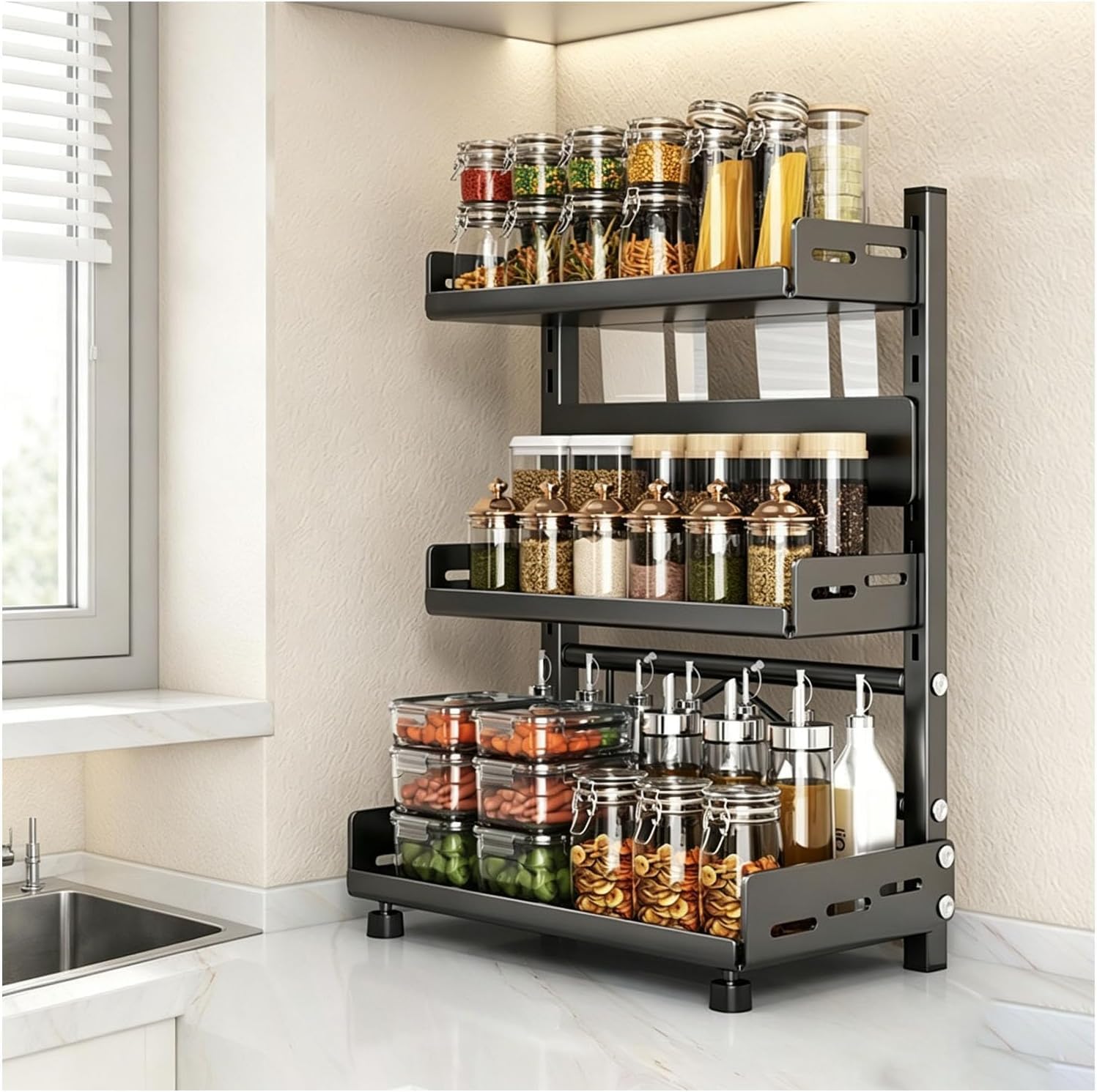 DLLDQBD 3-Tier Adjustable Spice Rack For Countertop & Cabinet - Height-Adjustable Metal Kitchen Organizer With Knife Slot, Rust-Proof & Sturdy Storage Shelf(Size:40cm(15.75in))