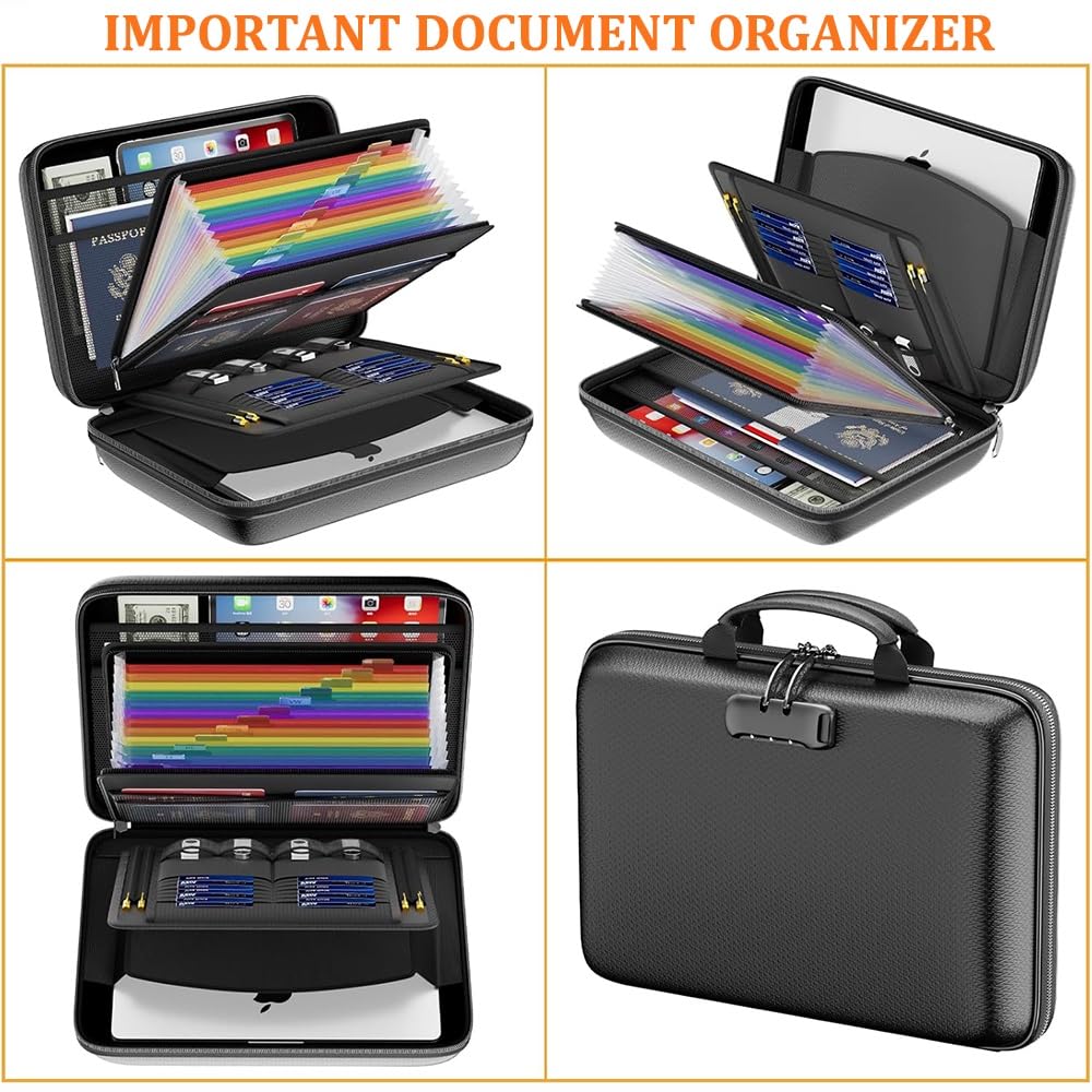 Organizer per documenti ignifugo con serratura, impermeabile, formato A4, con 13 tasche espandibili, sistema di archiviazione portatile per banconote, ricevute e certificati