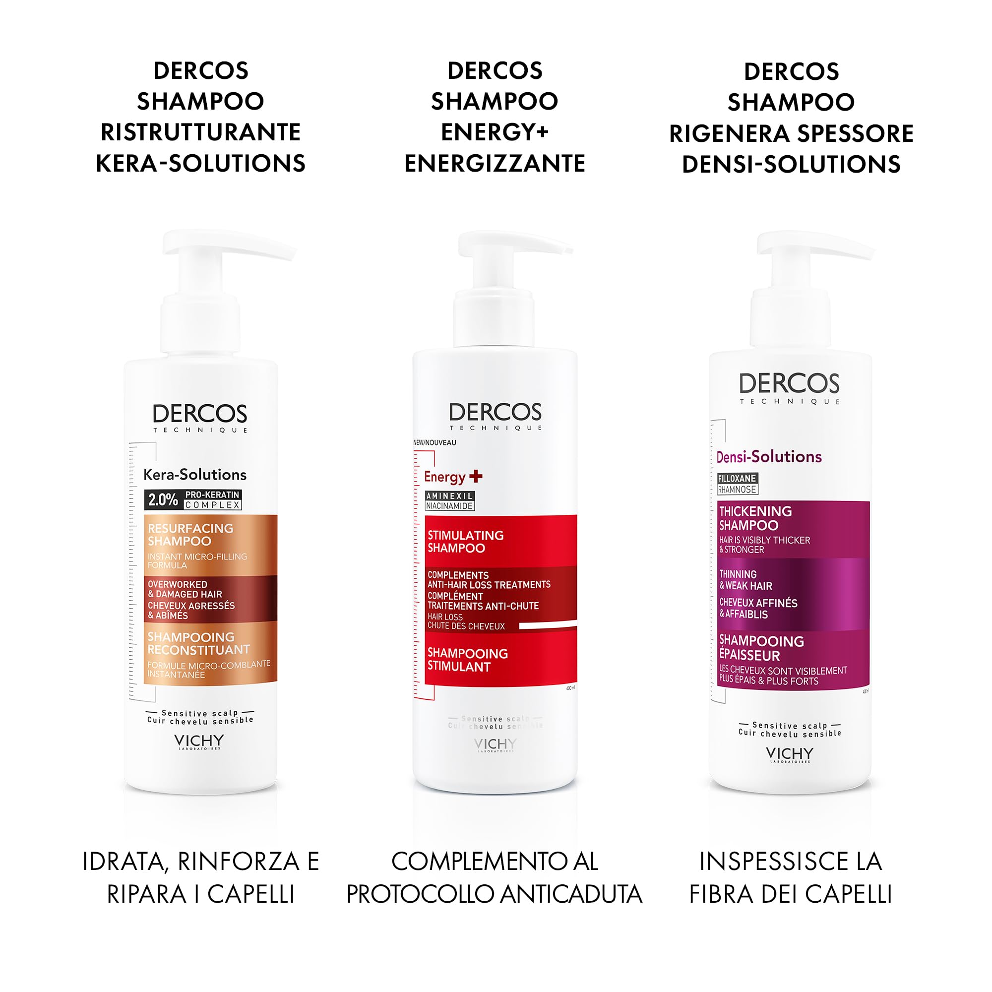 Vichy Dercos, Shampoo Energizzante, Per Tutti i Tipi di Capelli, Azione Anti-Caduta, Capelli Sani e Forti, Arricchito con Aminexil e Niacinamide