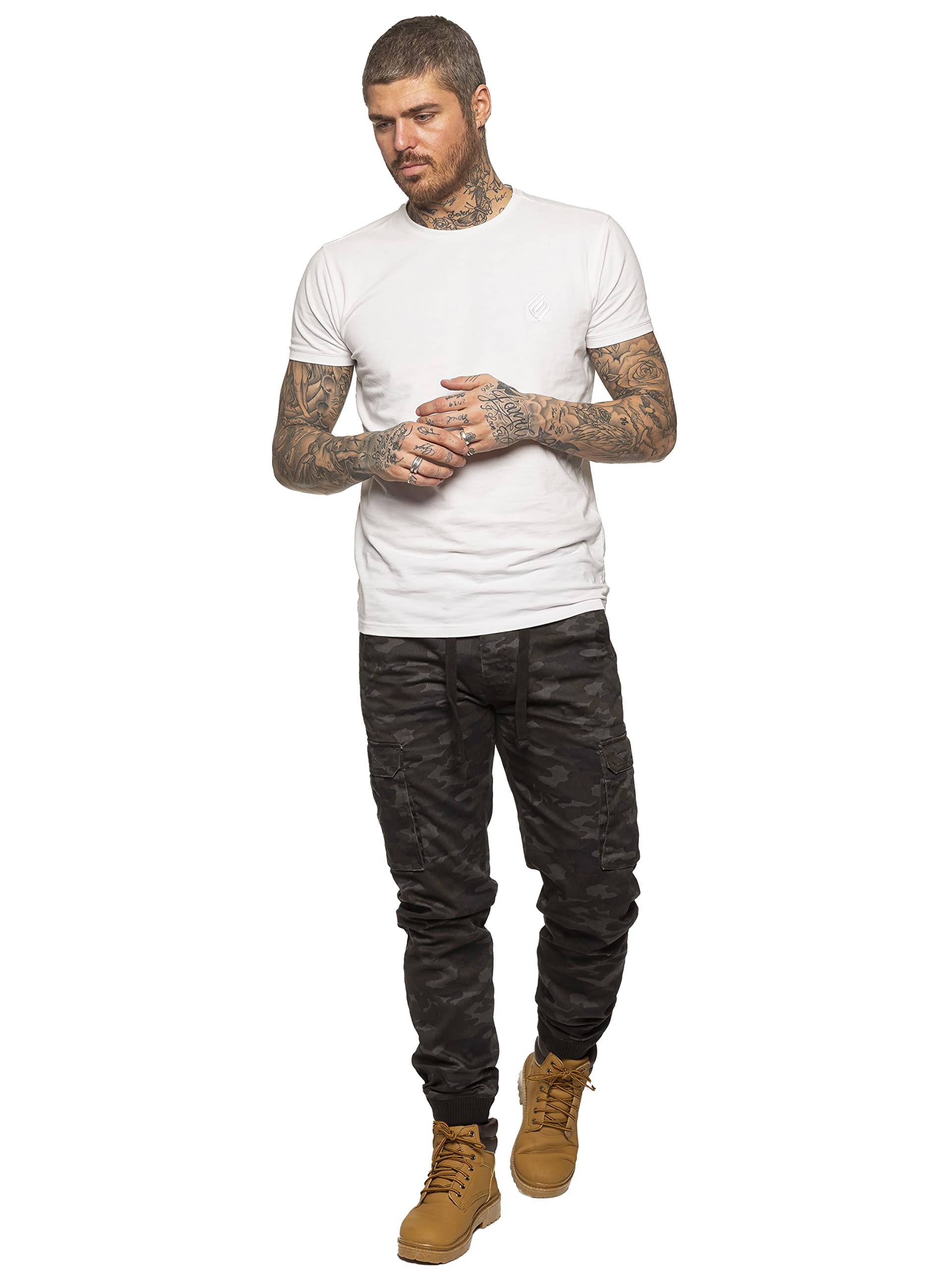 989Zé Enzo Men's Dark Khaki Cargo Trousers Elasticated Waist Camo Combat Pants Military Joggers Ez409 42W / 32L