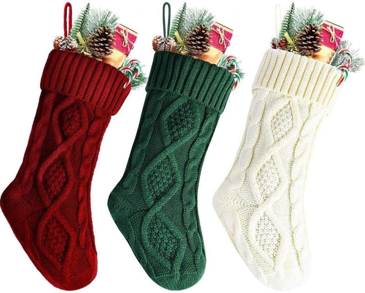 ShengWen Christmas Stockings Knitted Stocking Unique Burgundy Knit Large Size Personalised Gift Bag for Xmas Tree Decorations (Red+Green+White, 46cm)