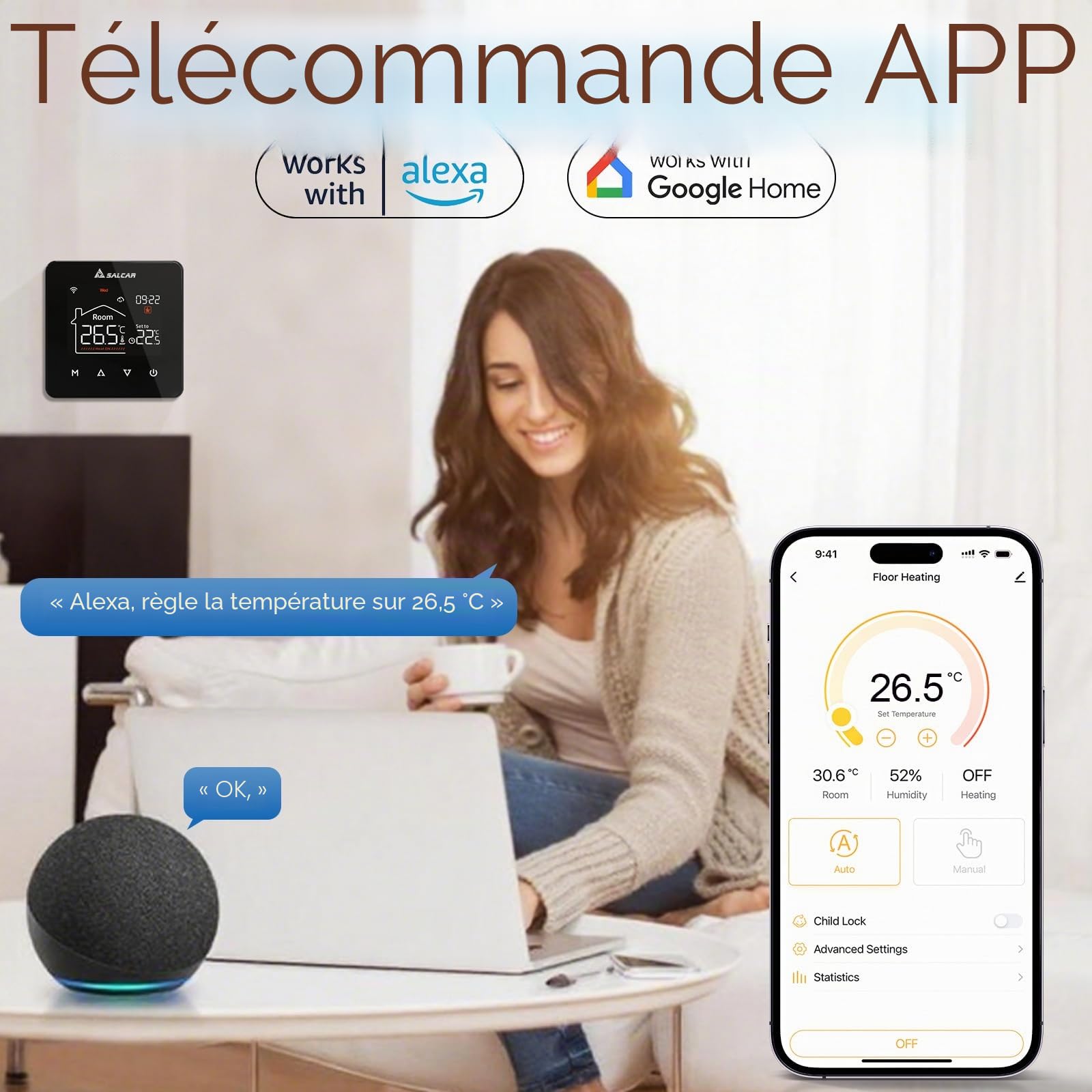 SALCAR Thermostat WiFi Intelligent pour Chauffage au Sol - LCD programmable - Thermostat d'ambiance - Chauffe-Eau Wi-FI - Chauffage numérique - Compatible avec Alex Google Home 3A
