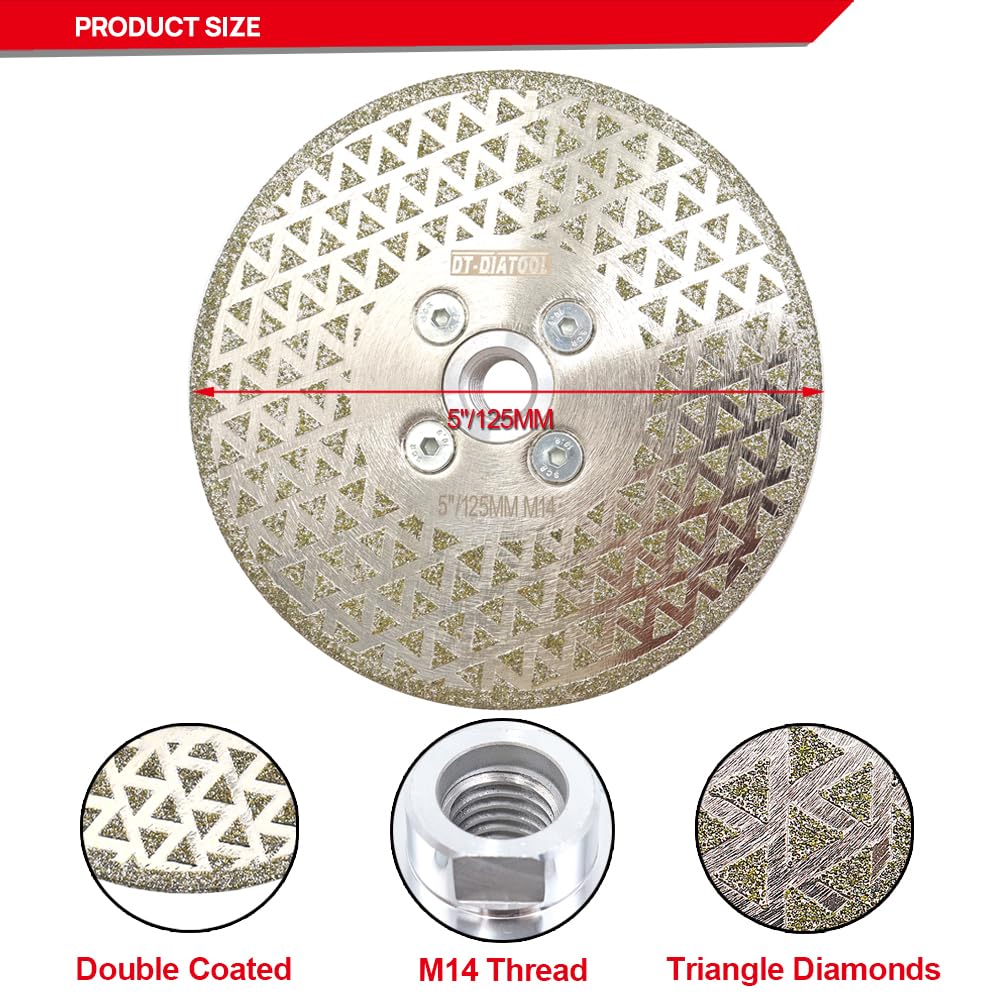 DT-DIATOOL Diamentowe tarcze do cięcia i szlifowania, 2 szt., 125 mm x M14, obustronnie powlekane galwanicznie, do płytek granitowych, marmuru, kamienia