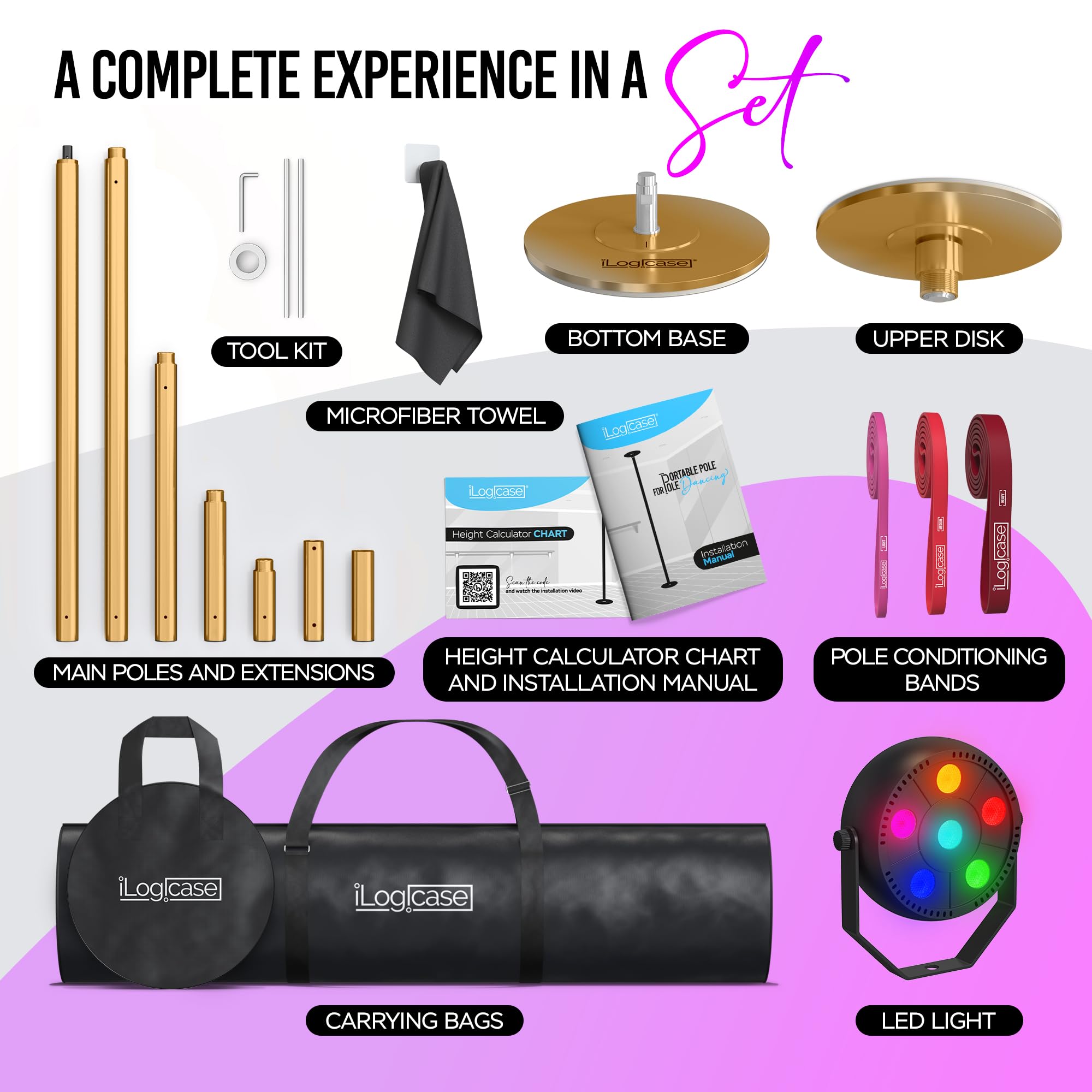 ILOGICASE Spinning Dancing Pole for Home | Portable and Heavy Duty 45mm Dance Pole Apartment Friendly, Adjustable Height 7ft to 11ft, w/Pole Conditioning Bands Set, LED Light and Carry Bags: Gold