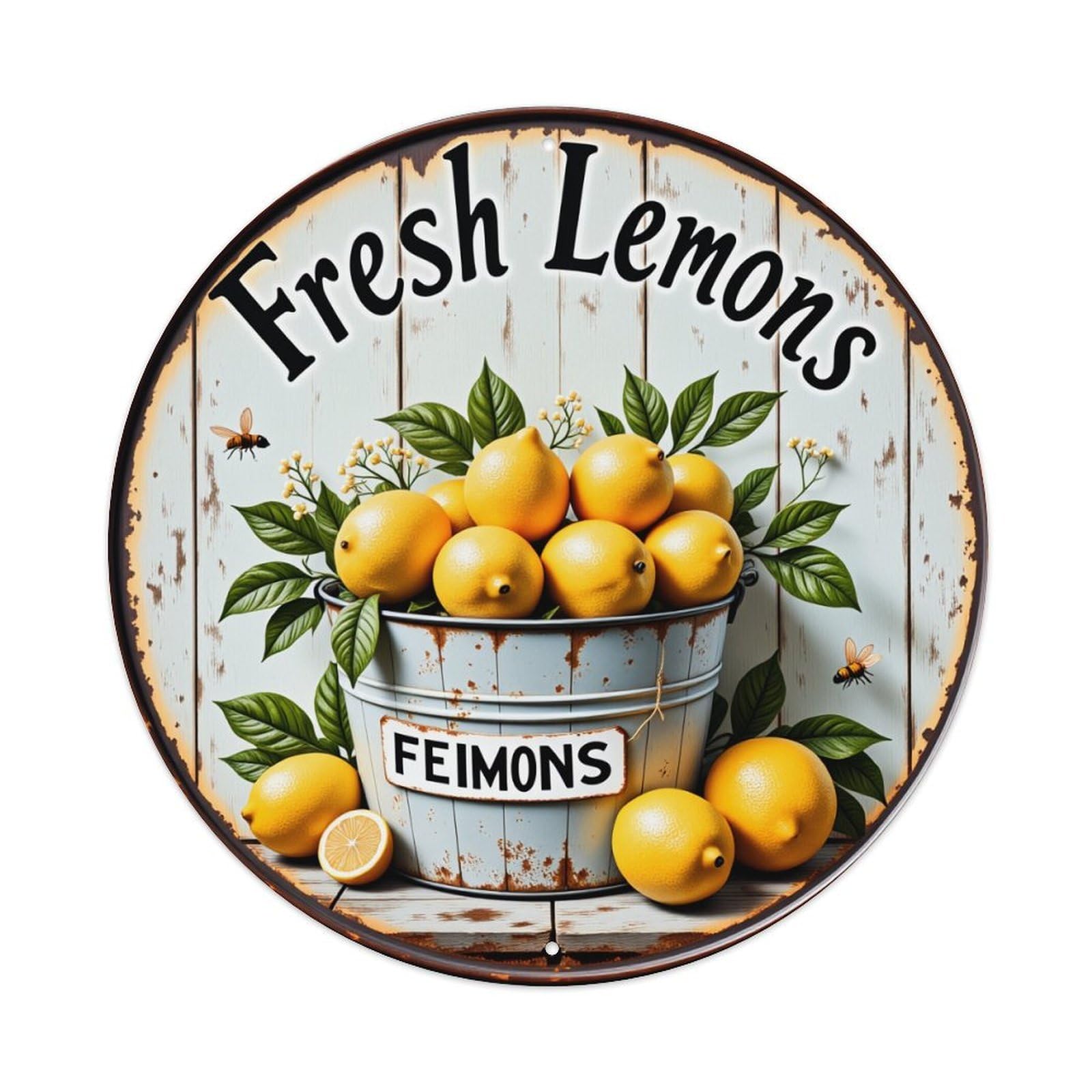 Fresh Lemons Bucket Rustic Sign Round Tin Sign Vintage Metal Poster, Home Bar Garage Man Cave Cafe Indoor & Outdoor Wall Decoration 8x8Inches