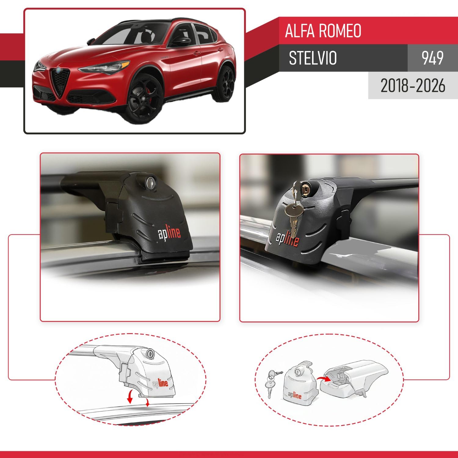 Kompatybilny z Alfa Romeo Stelvio (949) 2018-2026 ACE-2 Model Aluminiowe poprzeczki dachowe Czarny 2 szt.