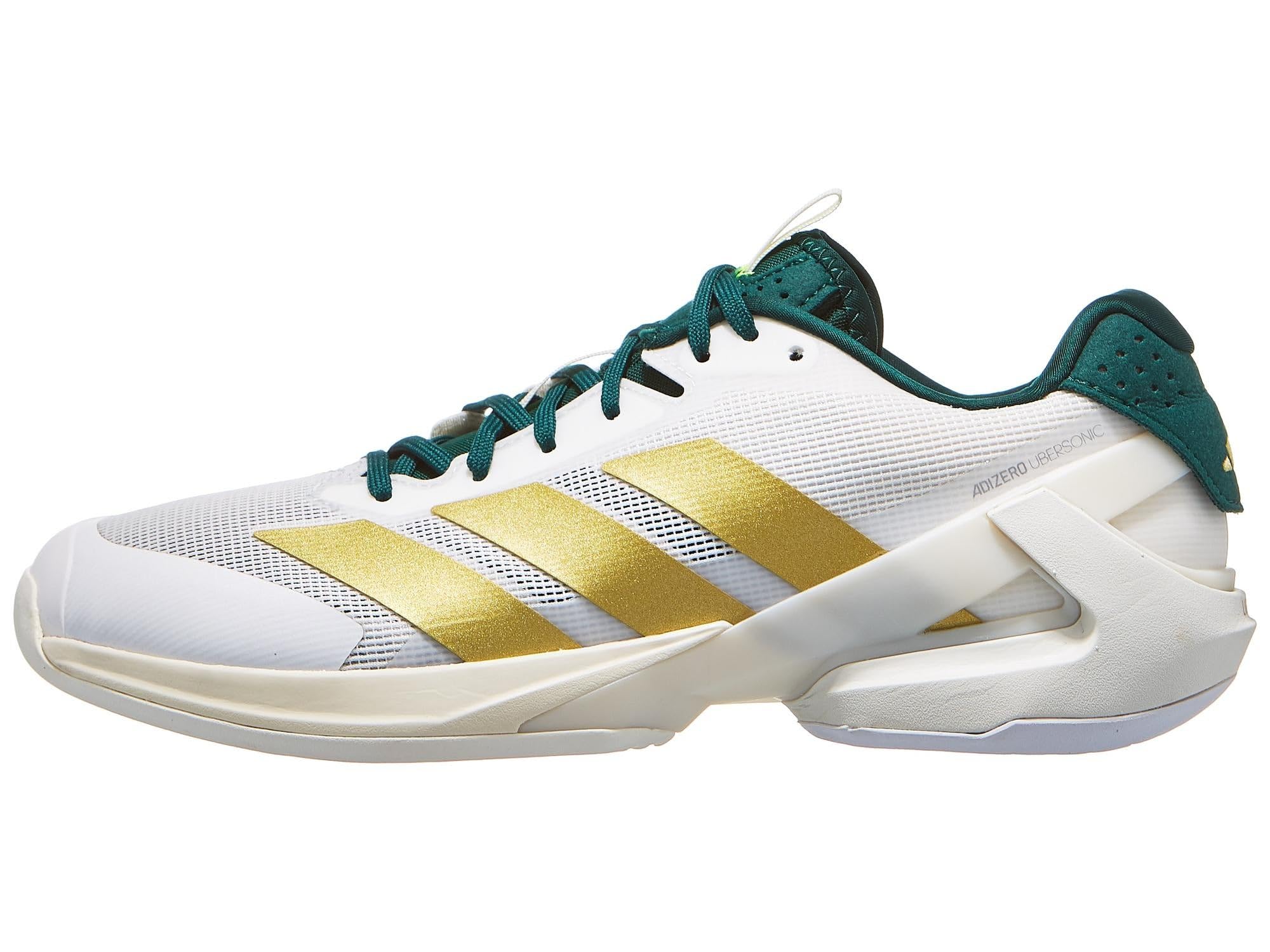 adidas Men's Adizero Ubersonic 5 Tennis Shoes Sneaker, White/Gold Metallic/Collegiate Green, 10.5