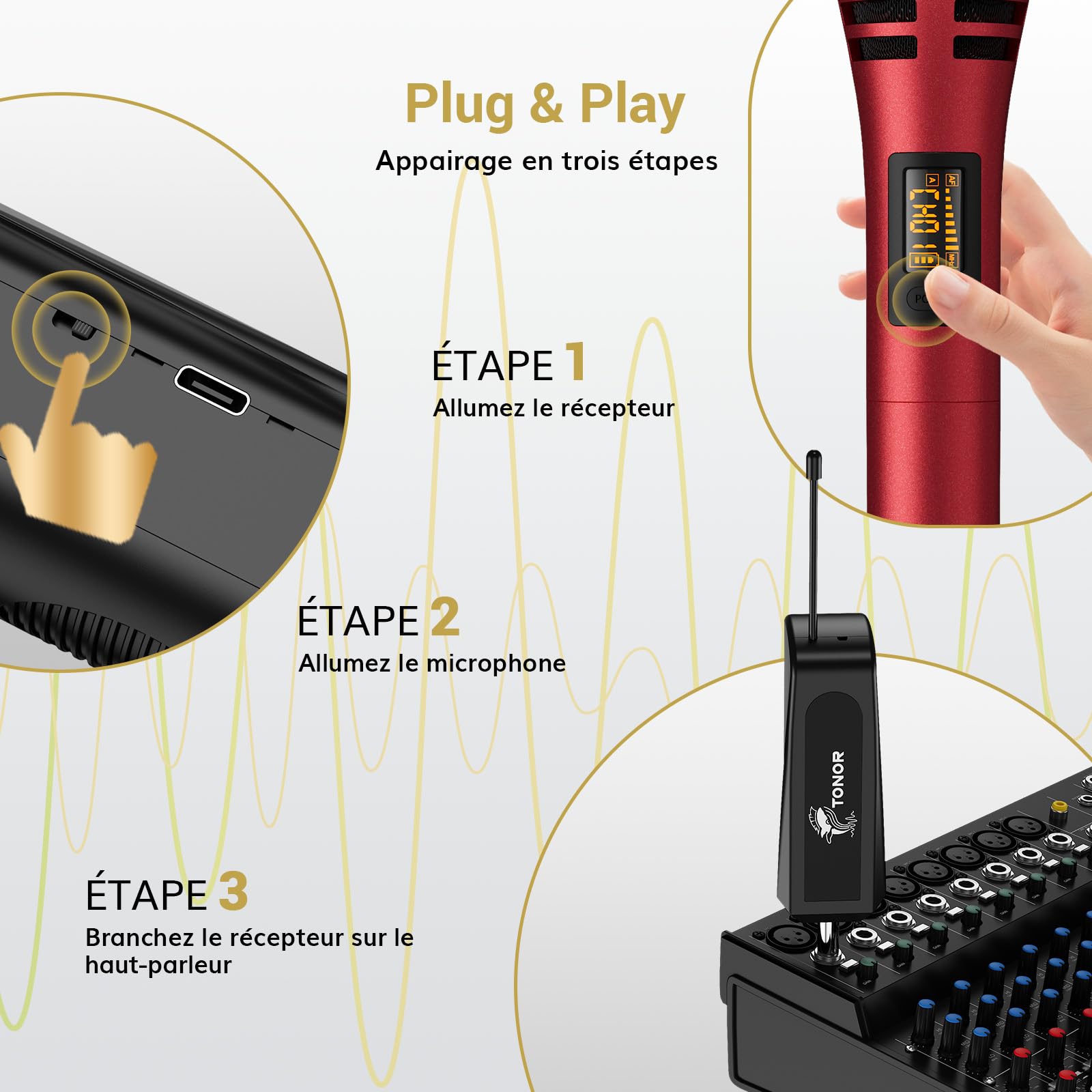 TONOR Micro Karaoke sans Fil, UHF Microphone Dynamique Chant Portable à Main avec Récepteur Rechargeable pour Karaoké Discours Mariage DJ Spectacles église Classe Conférences, 60M, Gris&Rouge, TW320
