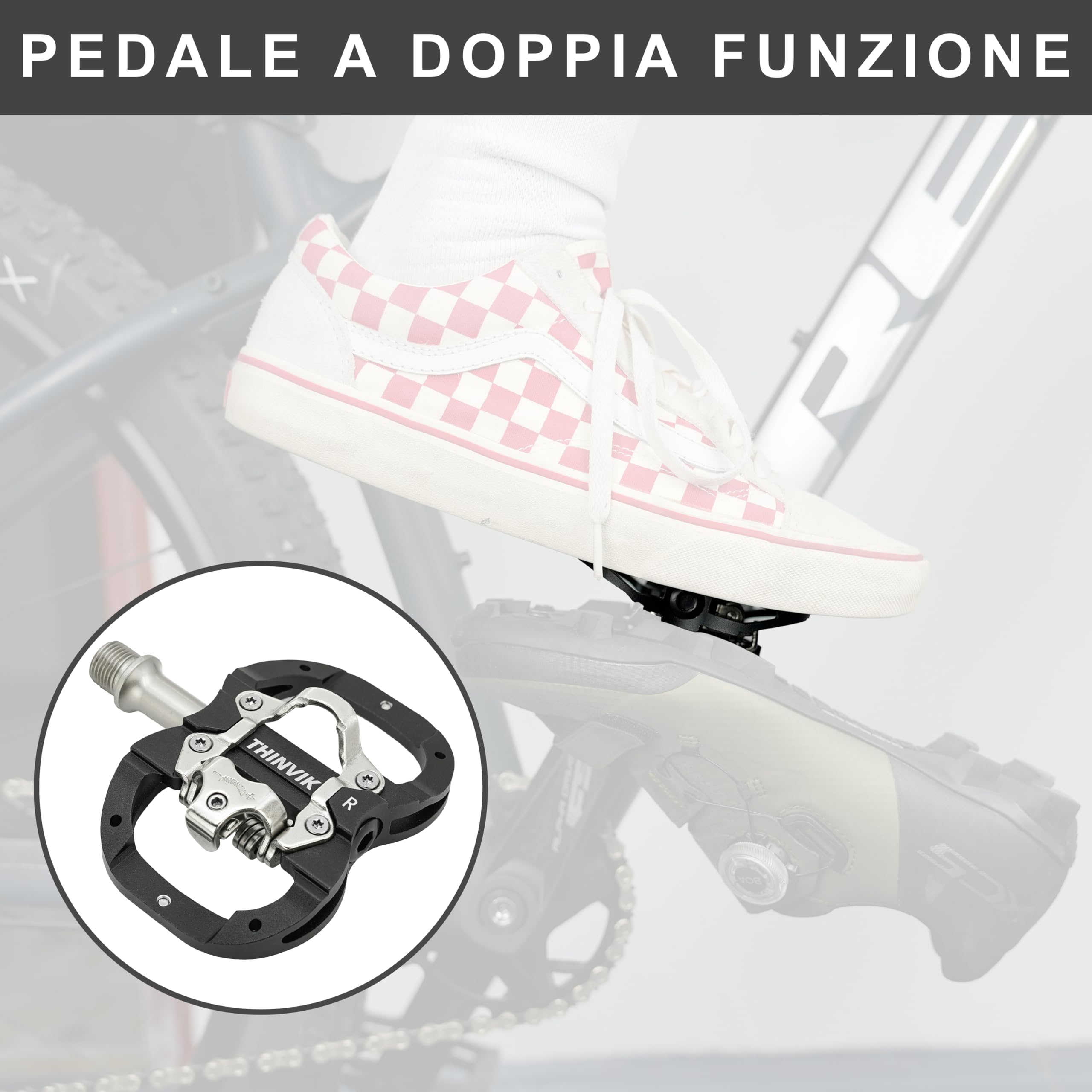 Thinvik Pedali per Bicicletta Shimano SPD – Doppia Funzione Piattaforma e Pedali Automatici per MTB 9/16'', Inclusi I Tasselli Compatibili, Colore Nero/Argento