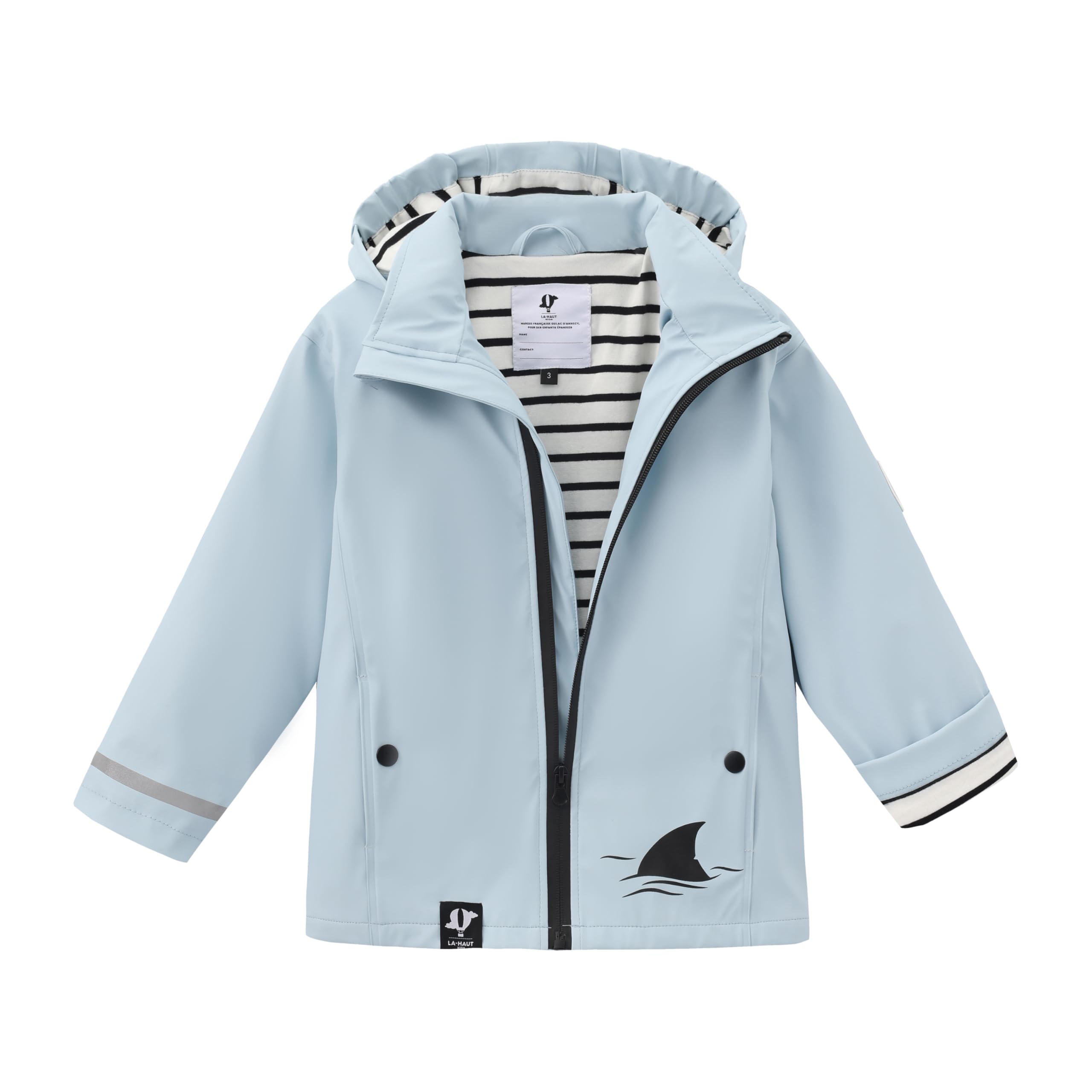 Ciré Imperméable Enfant 2 à 5 ans avec Capuche, Veste de pluie intérieur Rayé en coton haute qualité, fermeture éclair hydrofuge, Bandes réfléchissantes, Matière PU recyclable minimum de pollution