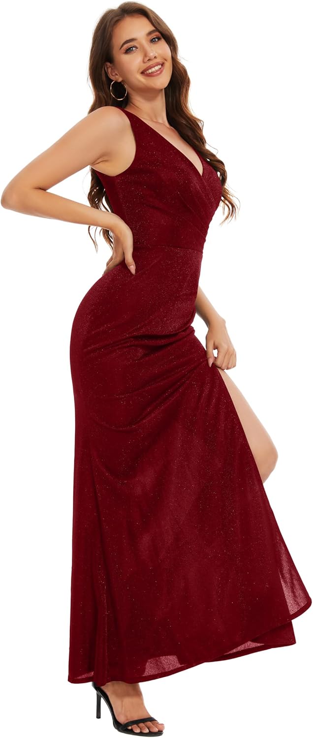 Formal Dresses V Neck Mermaid Prom Dress with Slit Long Cocktail Dress for Women Split Ruching Wedding Guests Dress - Image 4