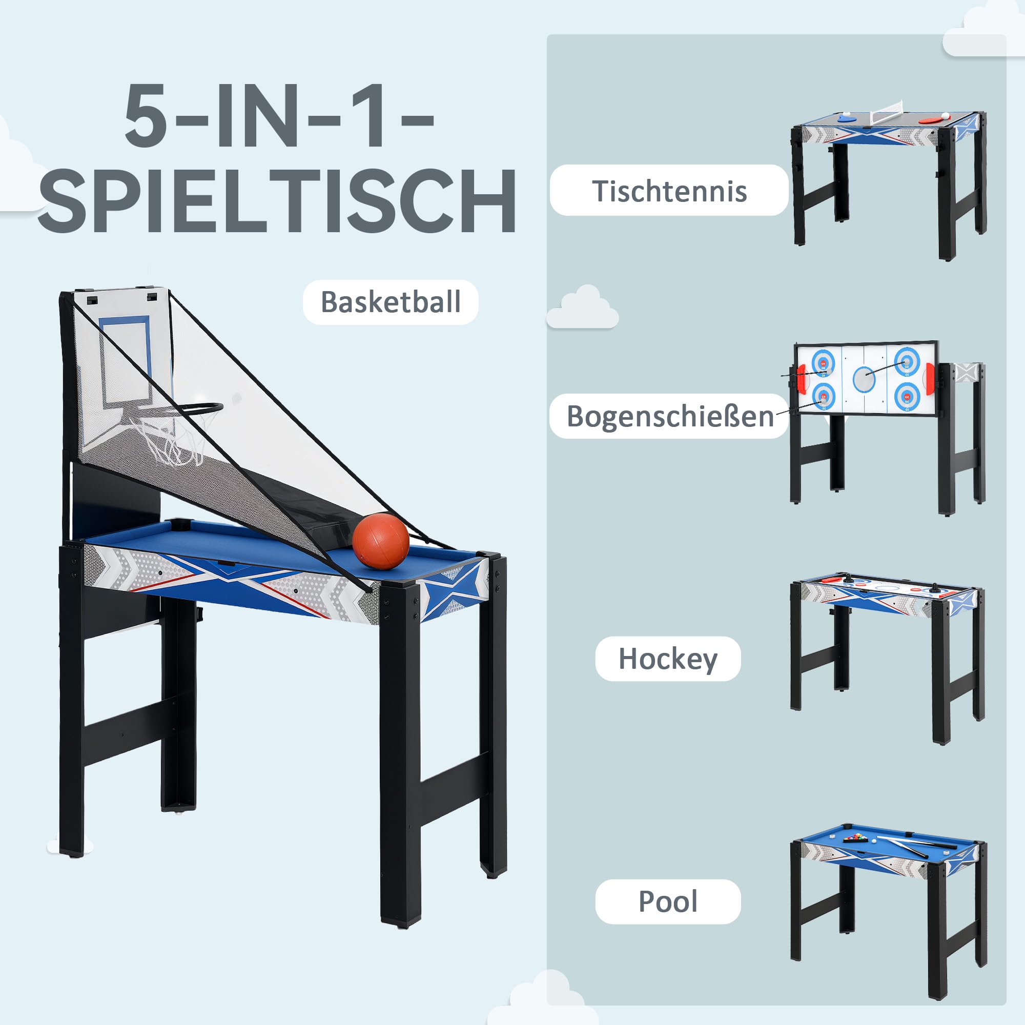 SPORTNOW Multigame stół do gry 5 w 1 z tenisem stołowym, bilardem, hokejem, koszykówką, łucznictwem, stół z akcesoriami, wielofunkcyjny stół dla dorosłych, 91 x 45,5 x 76 cm, czarny + niebieski