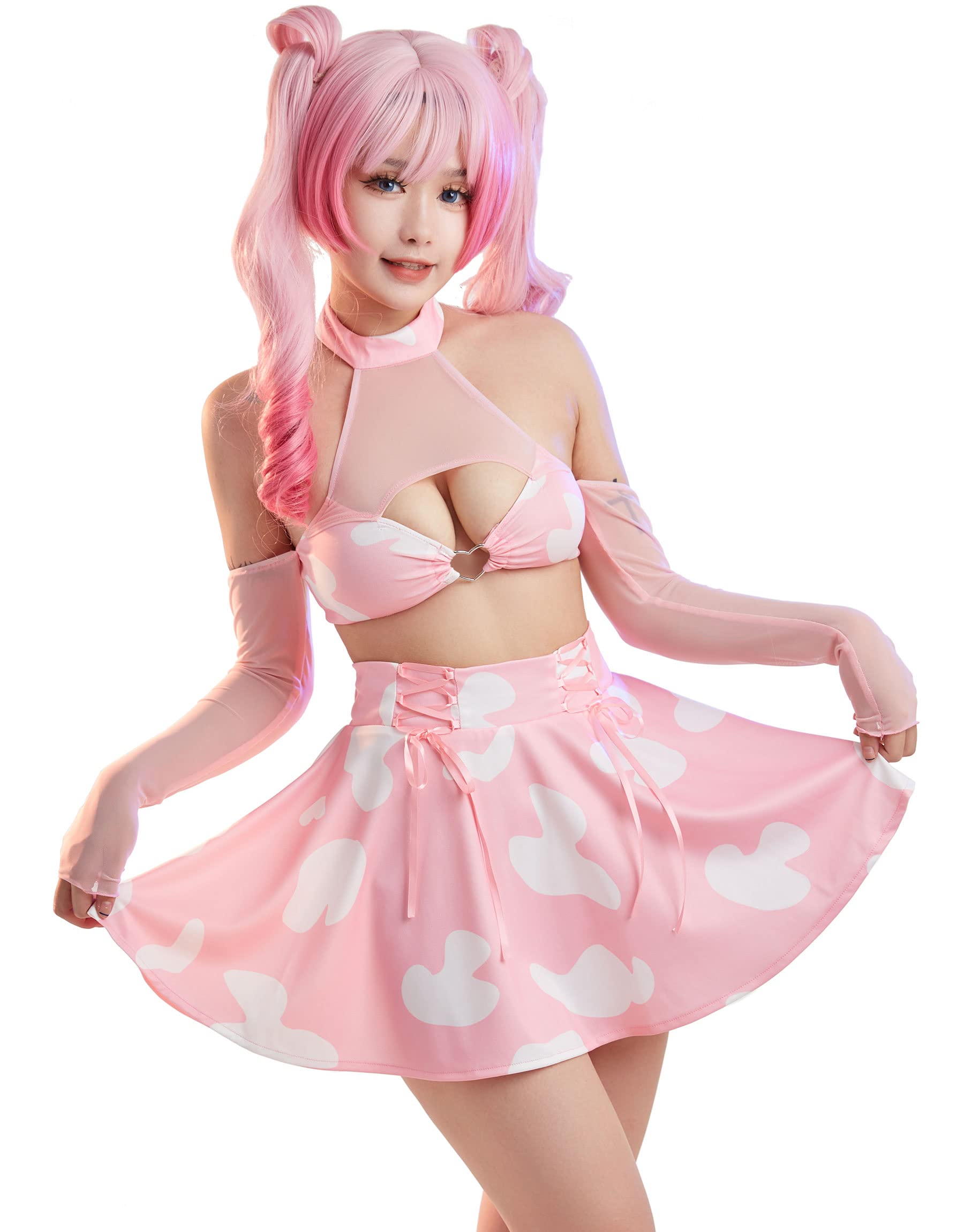 MEOWCOS Women’s Pink Cow Print Slim Fit Top and High-Waisted Skirt Set - Medium Pink