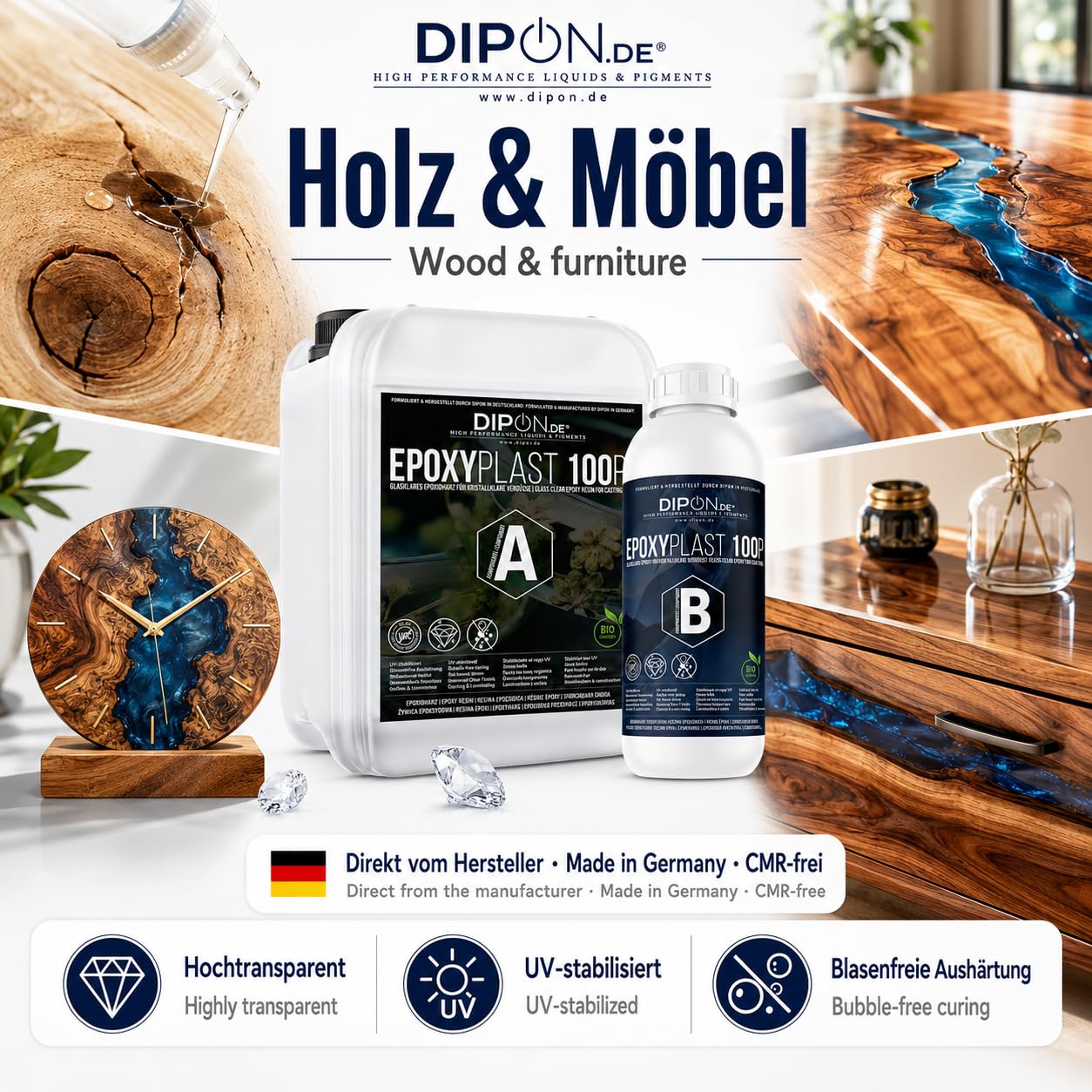 6,0 KG Epoxidharz 2K Epoxi Harz mit Härter Glasklar in Profi Qualität und geruchs- und emissionsarm. Epoxy Gießharz UV Stab. für Schmuck Holz Tisch Aquarium Terra Formenbau GFK Bodenbeschichtung