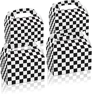 SINGOMON 12PCS Racing Party Goodie Boxes Black and White Checker Gift Boxes Racing Car Treat Boxes with Handles Paper Boxes Party Favor Boxes Candy Boxes Gable Boxes for Boys Birthday Decorations, Two Fast Birthday Decorations, Sport Events