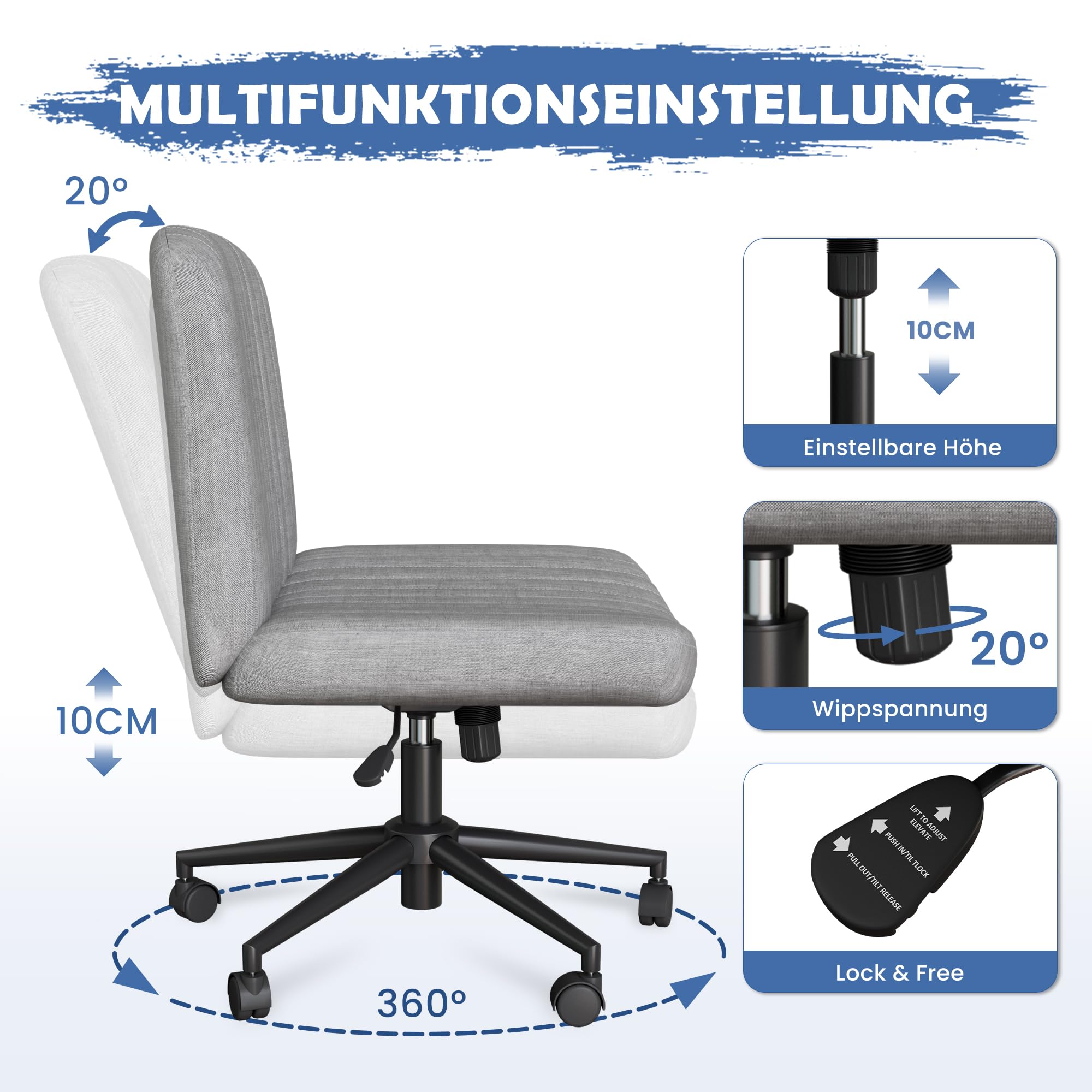 Fiona's magic Bürostuhl ohne Armlehnen, Drehstuhl mit Rollen, Höhenverstellbar Schreibtischstuhl, Lesesessel mit Breiterem für Haus, Wohnzimmer, Schminktisch, Grau