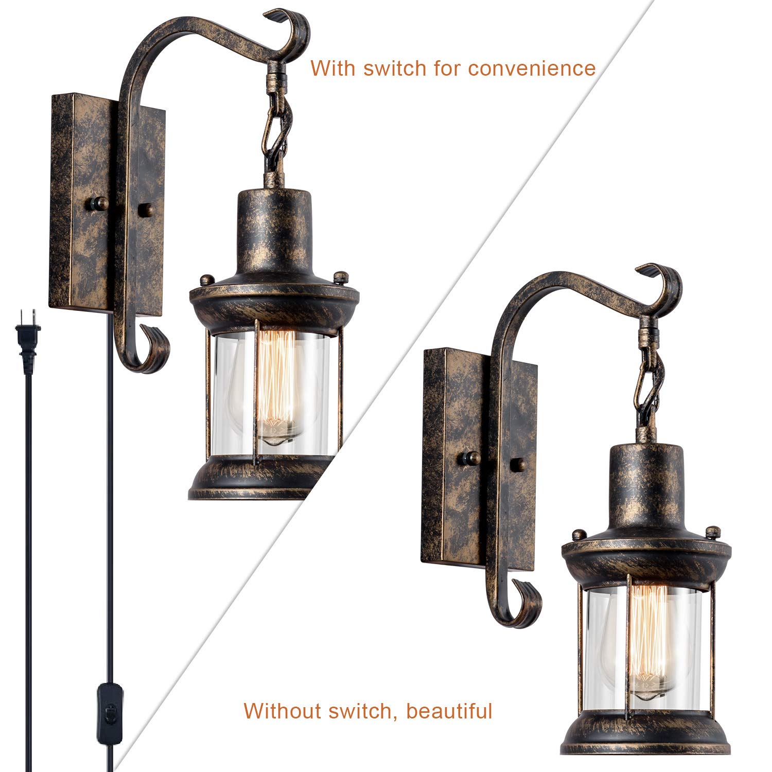 Apliques de pared vintage aceitados con enchufe, luces de pared industriales rústicas 2 en 1, accesorio de iluminación de pantalla de vidrio con cable de 6.6 pies para decoración interior 4