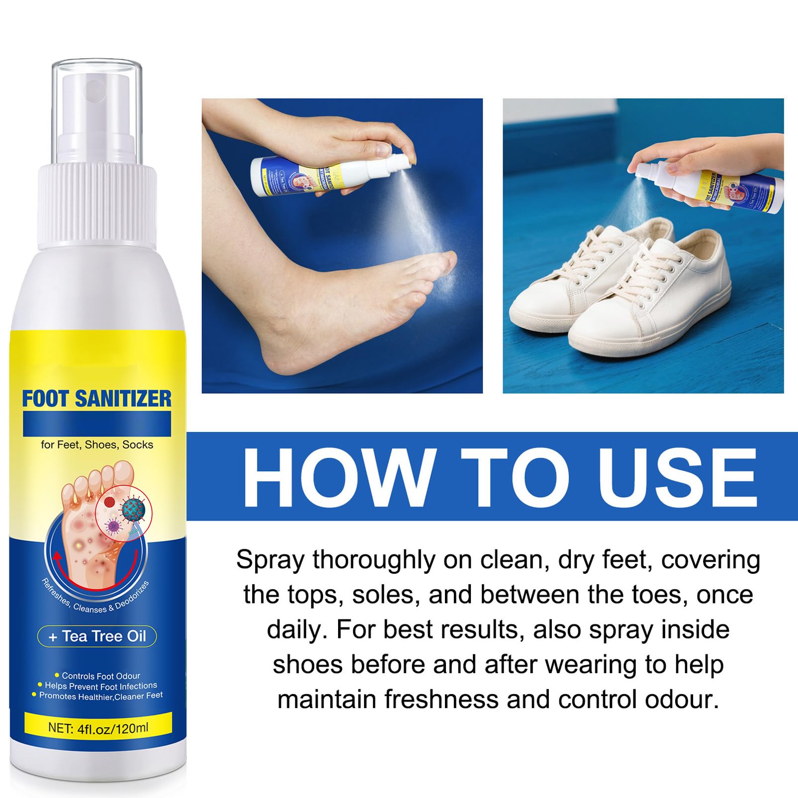 Spray para pies, 120 ml de aceite de árbol de té para pies de atleta, prevención de hongos en los pies, elimina el olor de los pies para hombres y mujeres