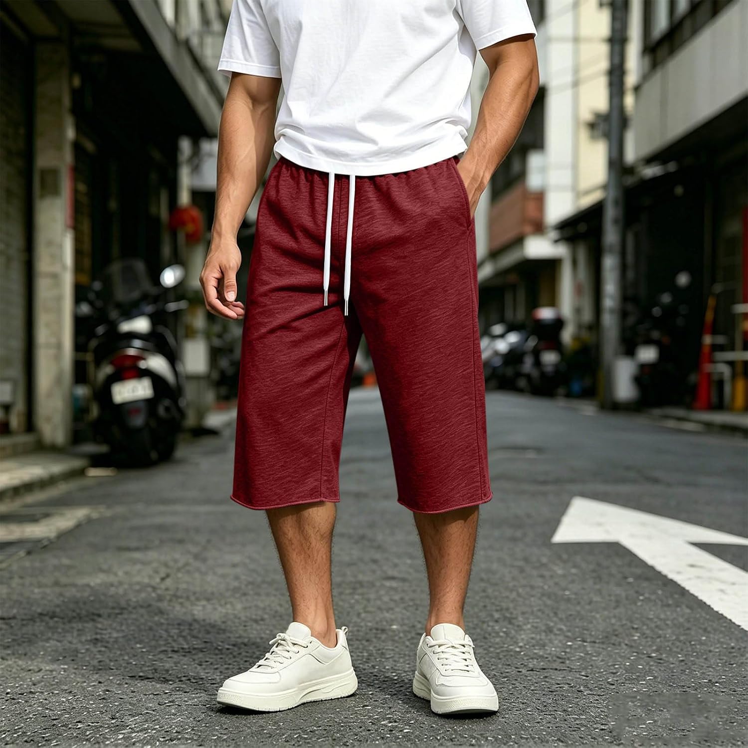 Mens Capri Sweat Pants Summer Casual Straight Leg Capris Drawstring Elastic Waist Cropped Trousers with Pockets