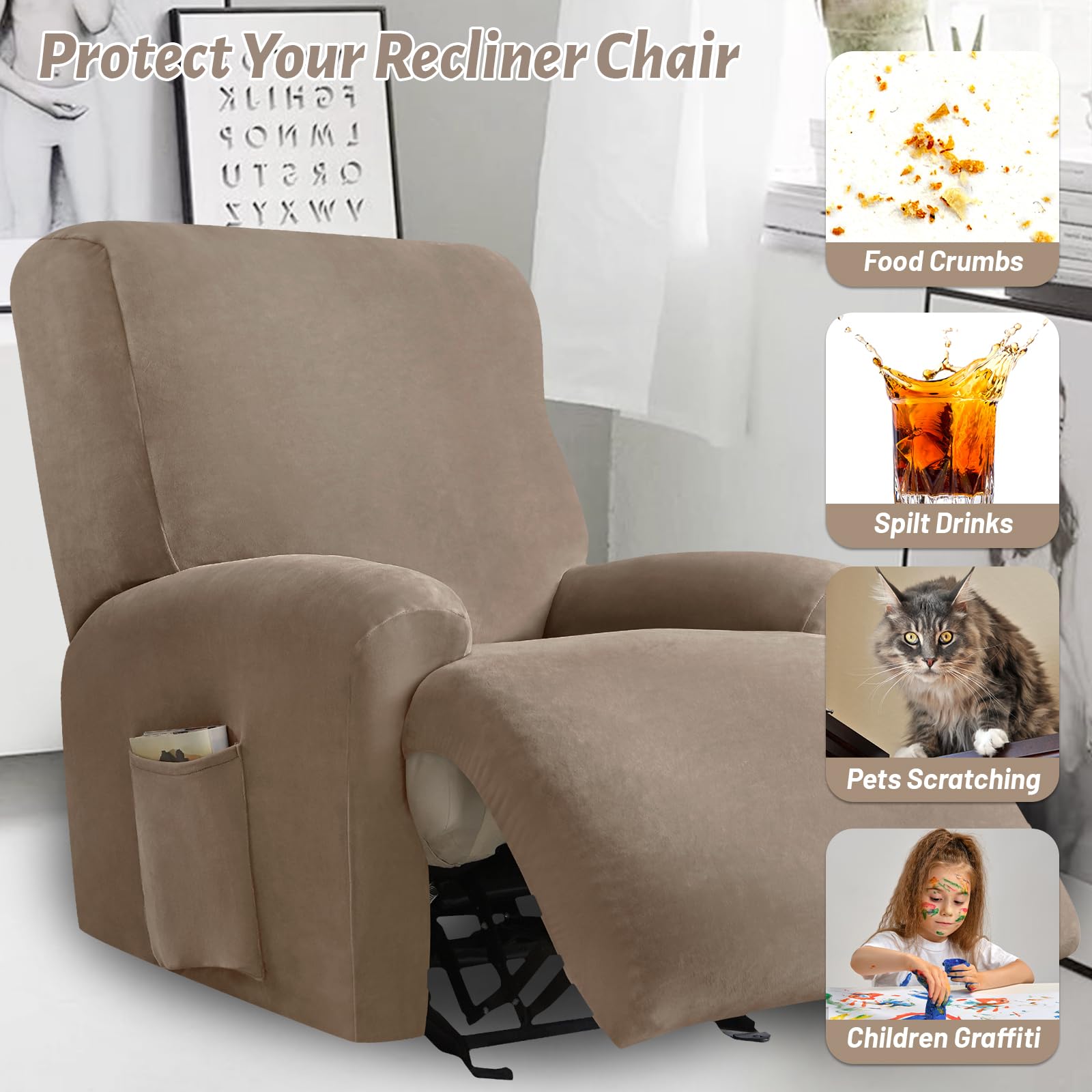 Alishomtll 4 Pieces Recliner Chair Covers, Stretch Velvet Recliner Sofa Covers - Image 4