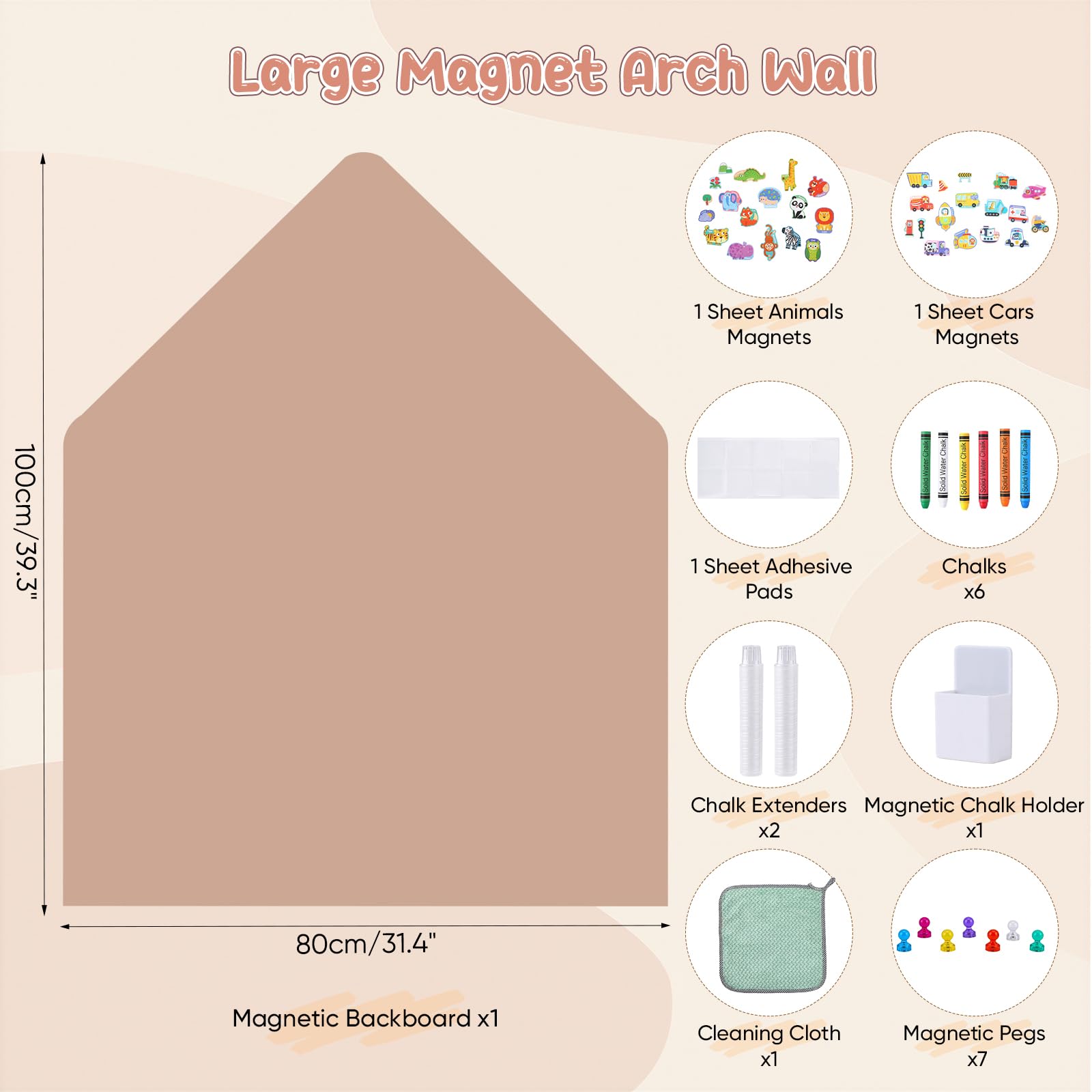 Lavagna magnetica multifunzionale con 2 set di magneti (animali e veicoli), lavagna curva autoadesiva con accessori per gesso, per pareti, vetro e legno (colori tè al latte)