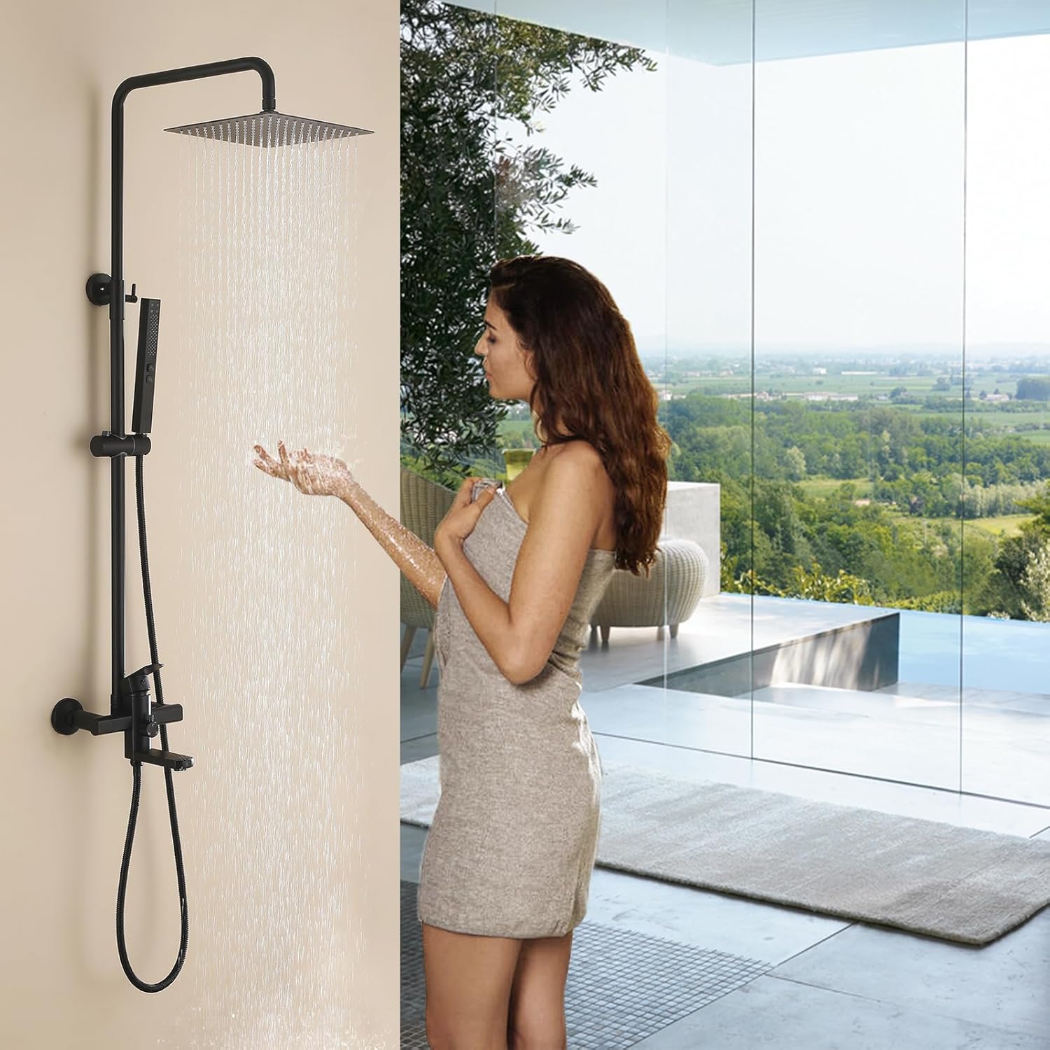 Exposed Shower System 10" Matte Black Rainfall Shower Head with 2 Modes Handheld and Tub Faucet Set, Square Shower Head 3 Functions Outdoor Shower Fixtures with Brass Valve, Height Adjustable