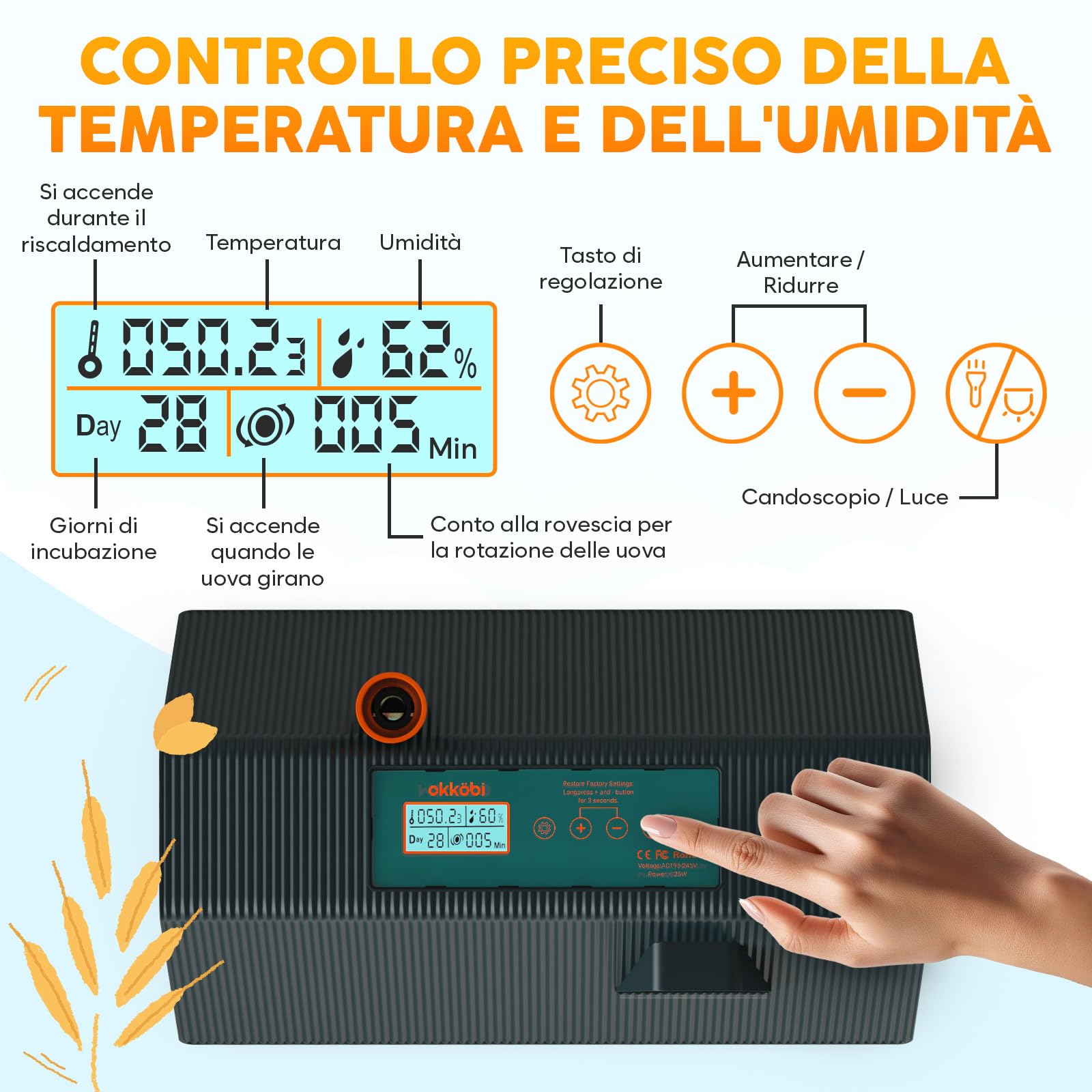Okkobi M10 Incubatrice per Uova - Ideale per tutte le età - Incubatrice per Uova Automatica Piccola con Girauova Automatico e Controllo Umidità - Lampada per Uova - 10 uova - Verde e Arancione