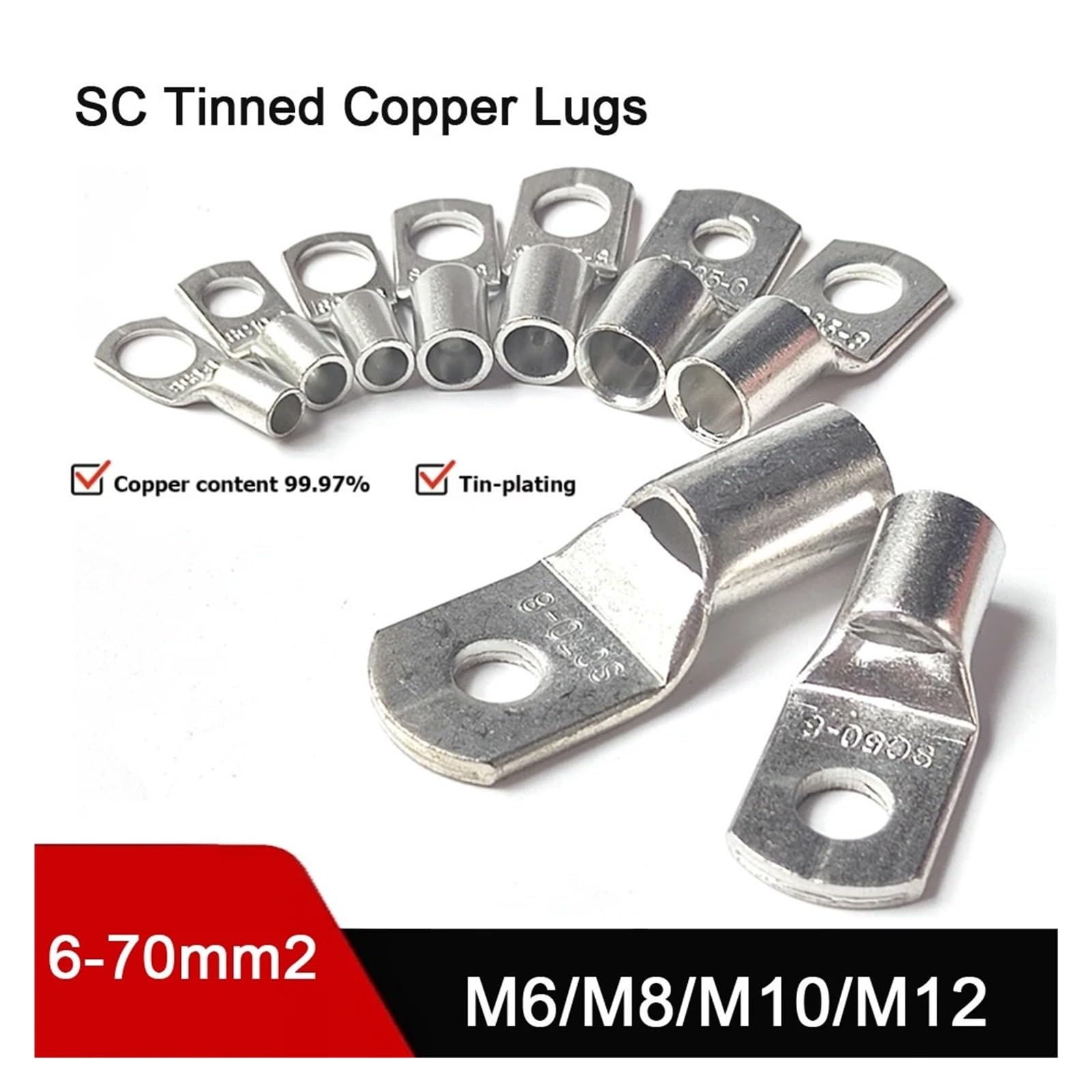 Bolzenloch-Ringkabelschuhe, 2–50 Stück verzinnte Kupfer-SC-Crimp-Ringkabelschuhe for 6–70 mm² Draht M6 M8 M10 M12(SC70-12,20PCS)