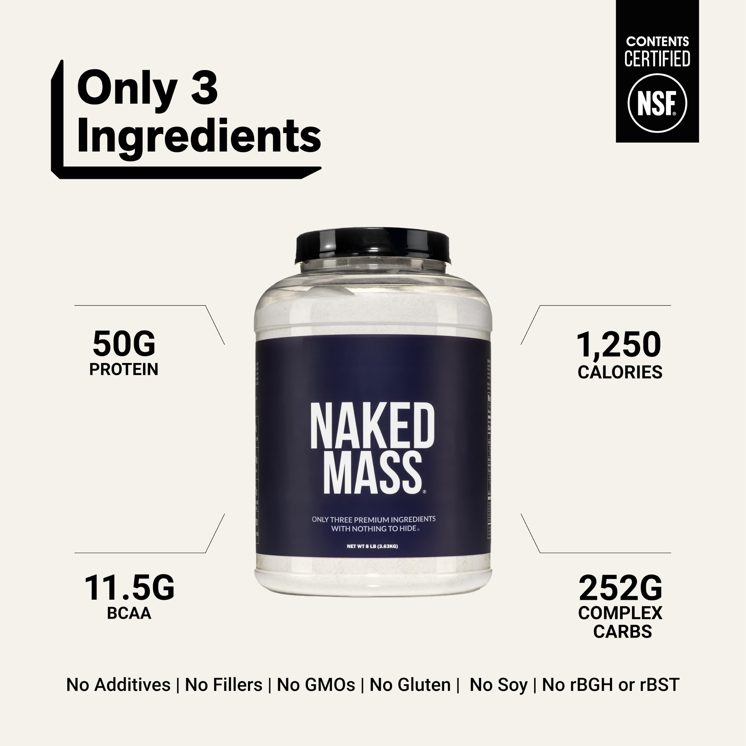 NAKED Mass - Natural Weight Gainer Protein Powder - 8 LB Bulk, NSF Certified, GMO Free, Gluten Free & Soy Free. No Artificial Ingredients - 1,250 Calories per Serving — Amazon image 3