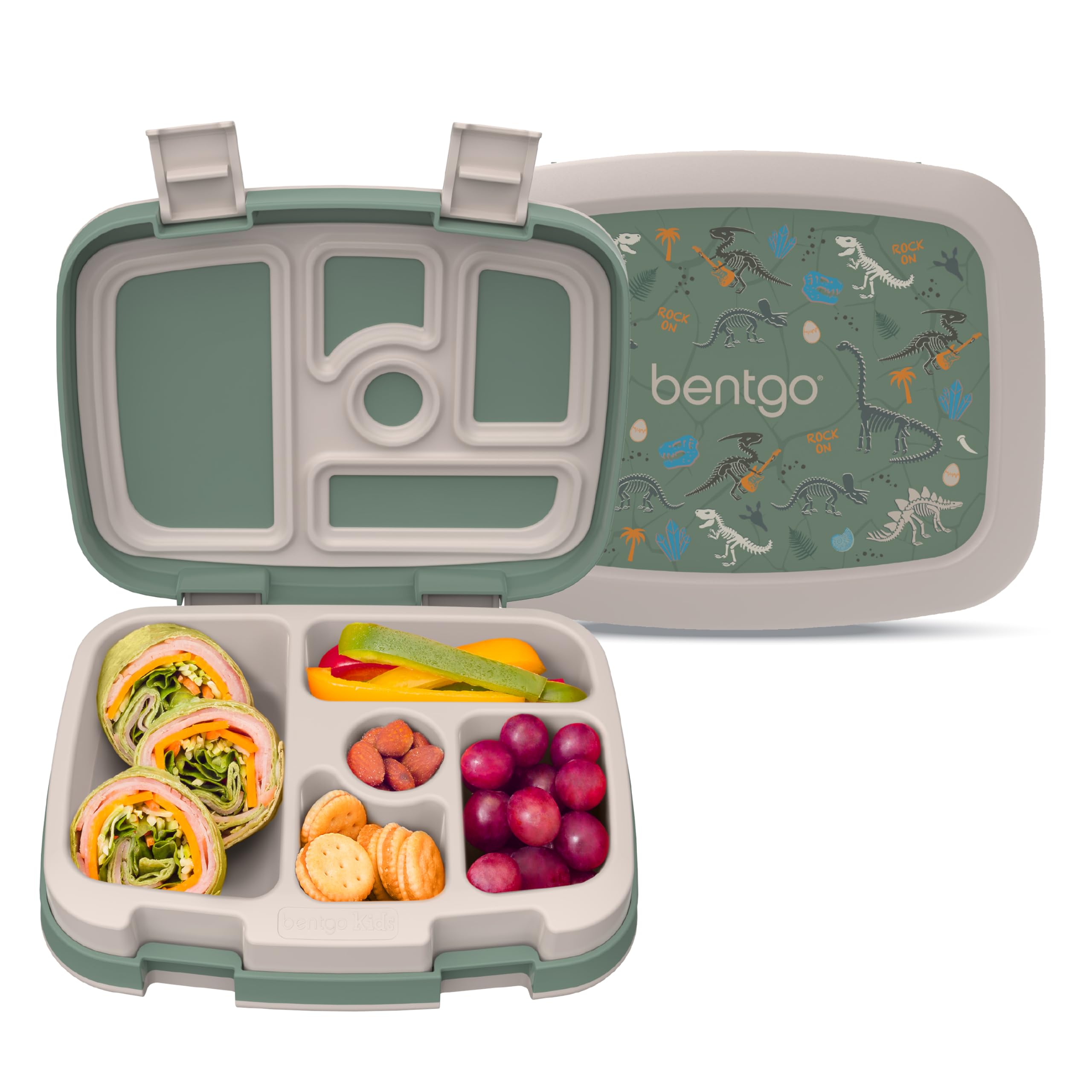Bentgo Kids Prints Leak-Proof, 5-Compartment Bento-Style Kids Lunch Box - Ideal Portion Sizes for Ages 3-7, Durable, Drop-Proof, Dishwasher Safe, &amp; PFAS &amp; BPA-Free Materials (Dino Fossils)