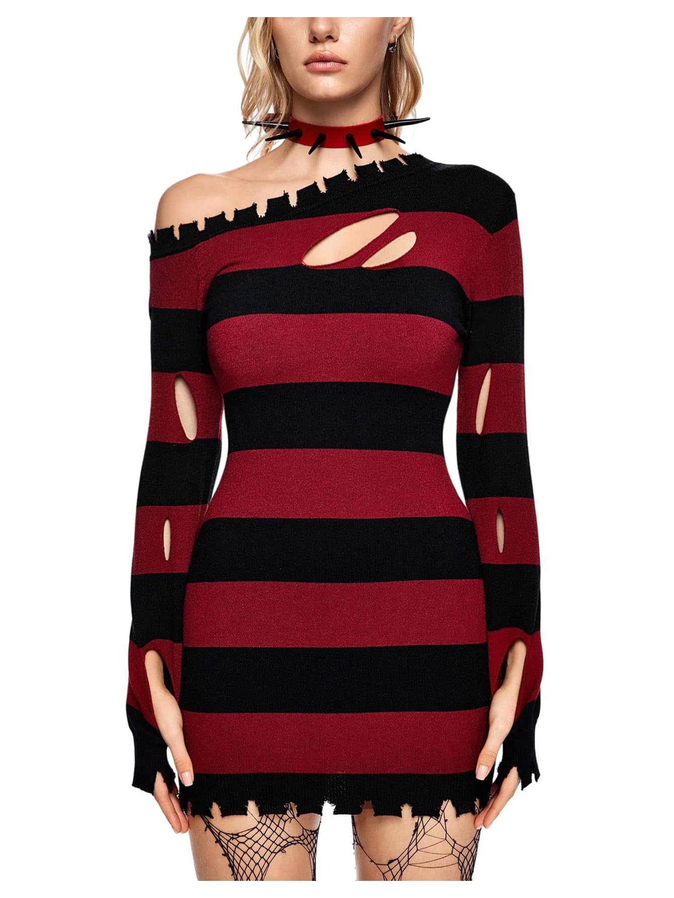 Womens Striped Off The Shoulder Sweater Cut Out Pullover Sweaters Punk Sweater