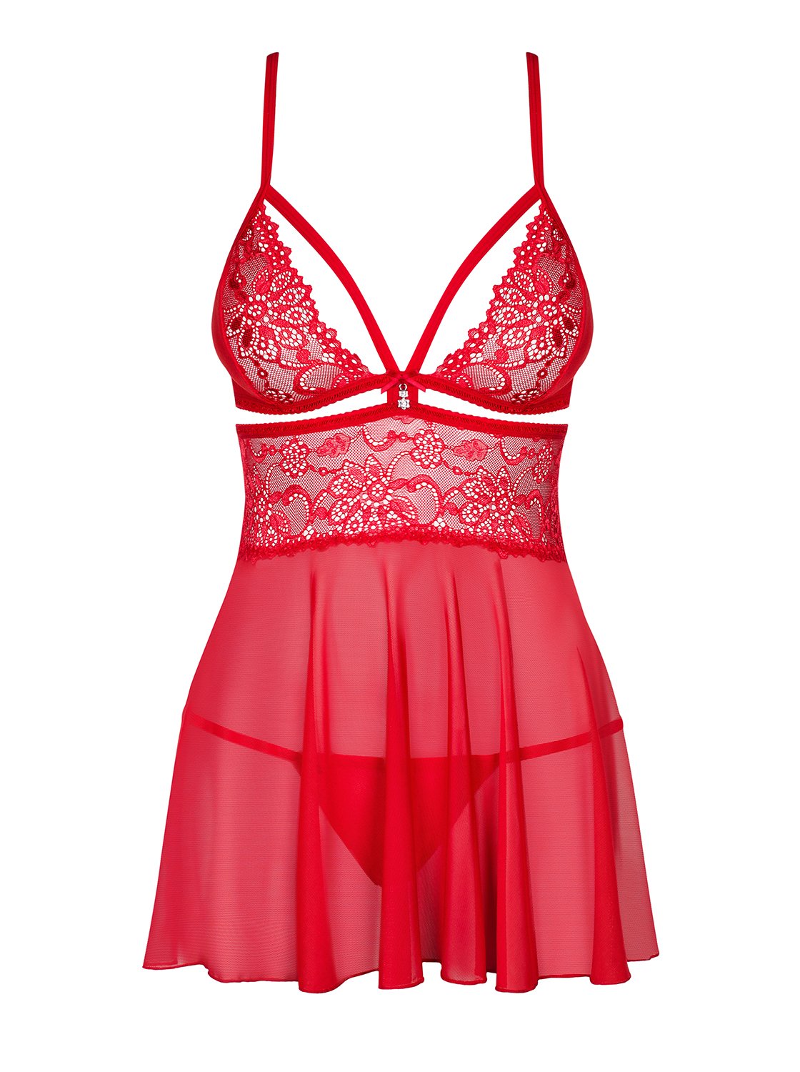 Obsessive. Damen Dessous Reizwäsche Babydoll Hemdchen Negligee in rot transparent mit Bänder sowie Netz und String Größe: L/XL