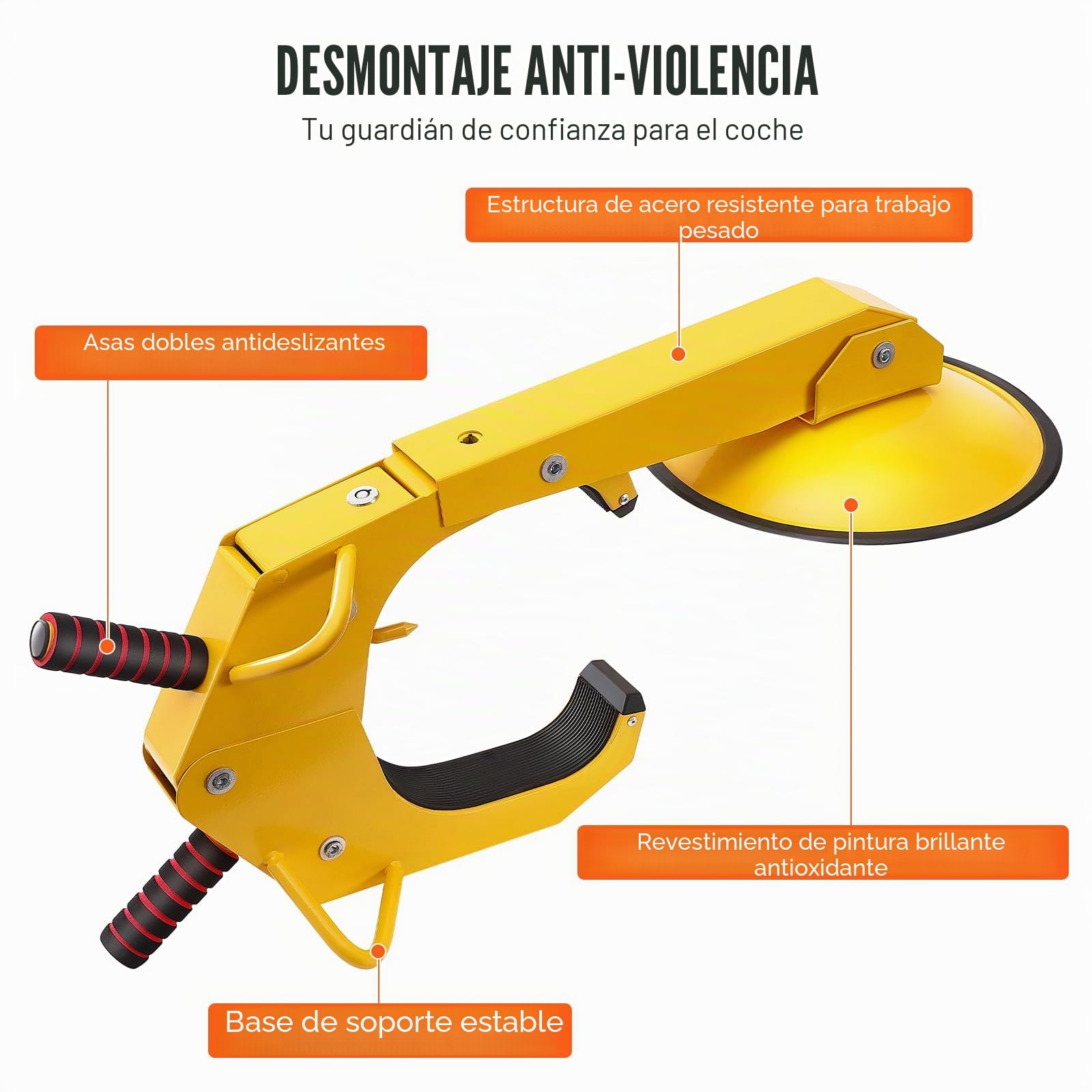 VEVOR Cerradura de Rueda para Coche Bloqueo de Rueda Antirrobo 16-38cm de Acero Q235 de Servicio Pesado Ventosa de 30cm 2 Llaves Dispositivo de Bloqueo de Rueda para Vehículos Caravanas Camiones Motos