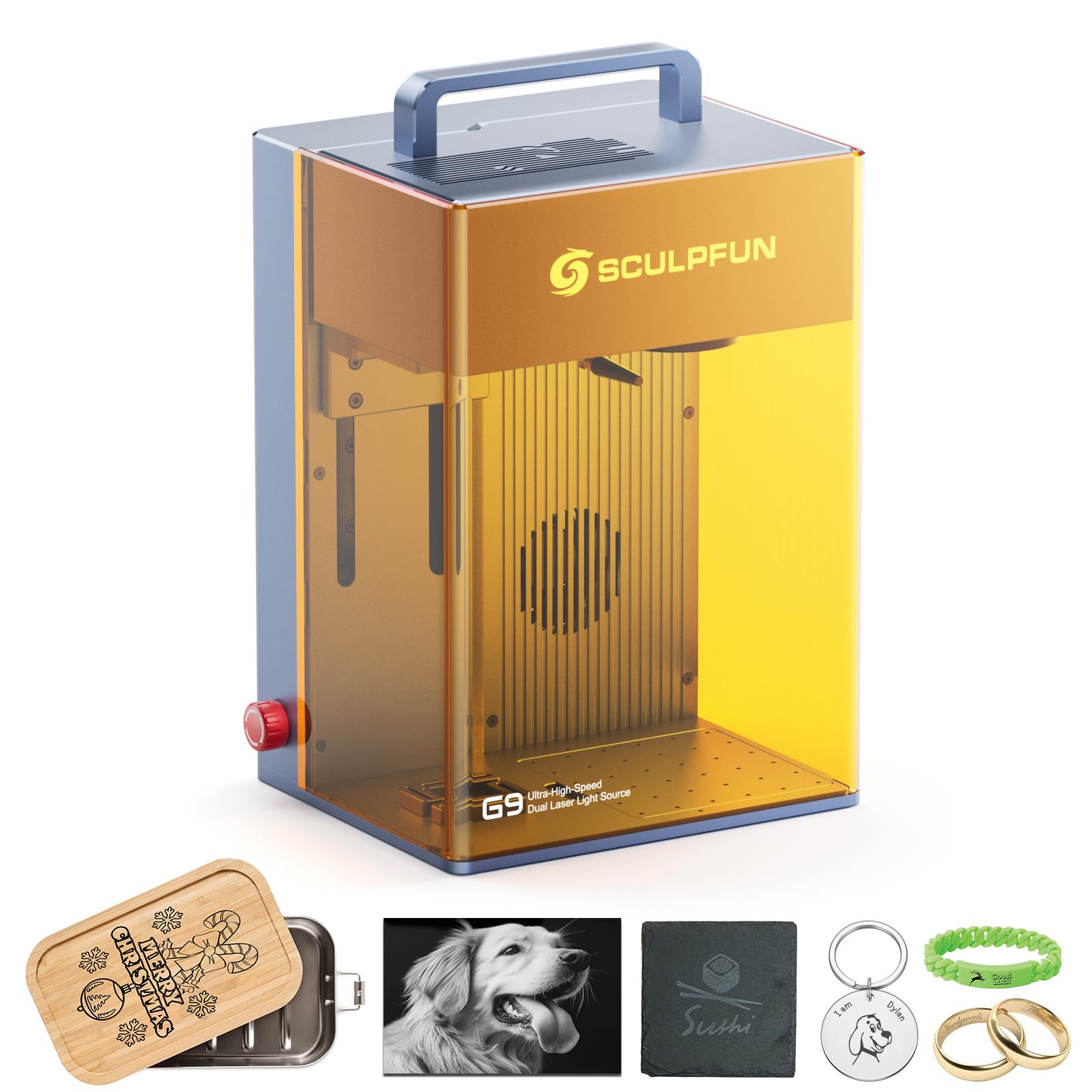 SCULPFUN G9 Máquina de grabado láser portátil 2 en 1 con láser IR y diodo, salida láser dual, grabador láser de alta precisión y alta velocidad, máquina de grabado para madera, joyería y metal