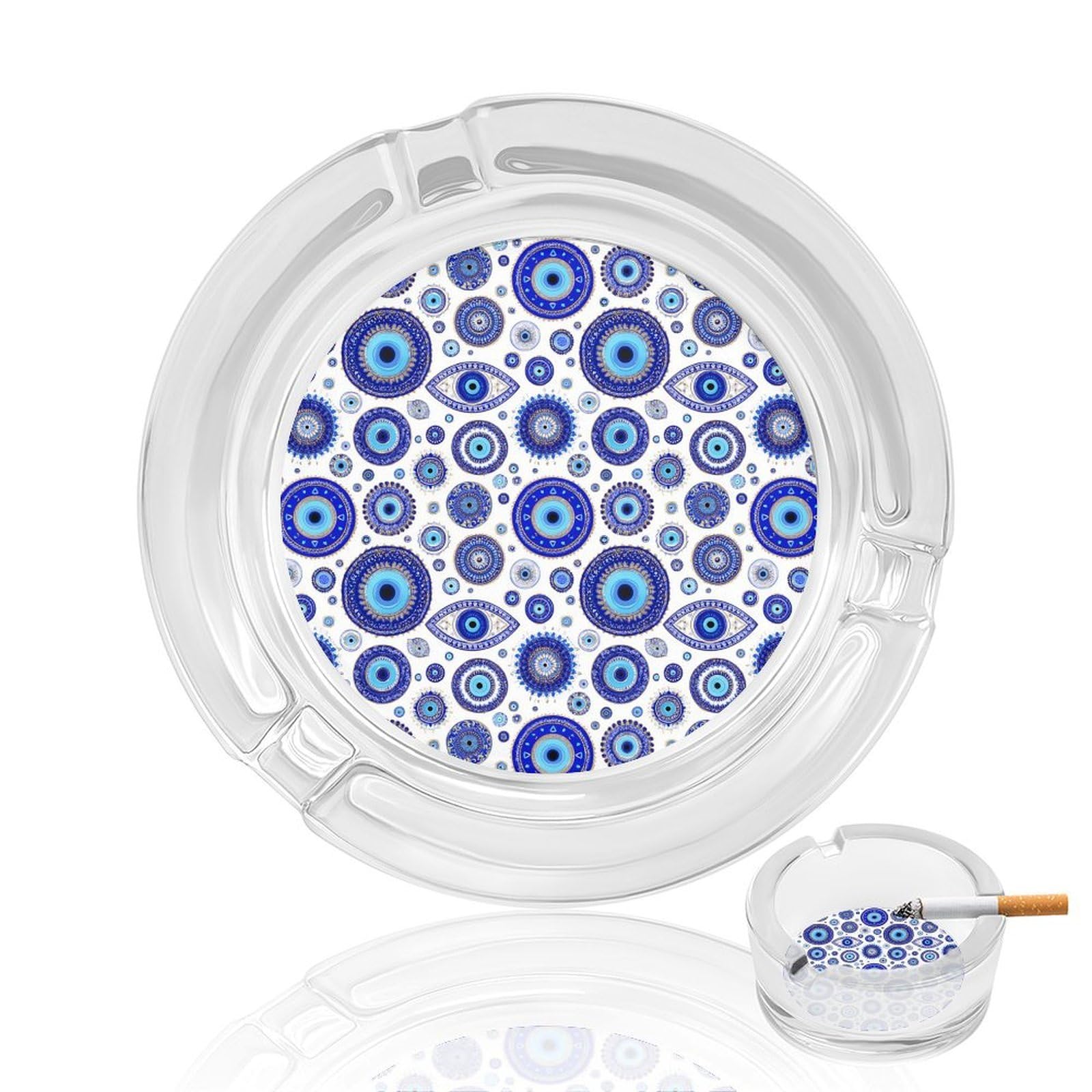 Blue Greek Evil Eyes Ashtray Portable Round Glass Outdoor Ash Tray for Home Office Garden Pub