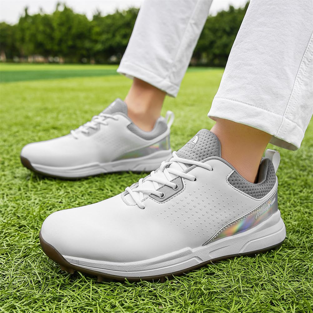 Męskie buty do golfa Spikless Leather Wide Fitting Golf Sneakers Outdoor Large Size Wodoodporne obuwie do chodzenia,White,41 EU