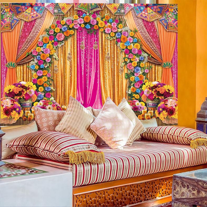 Image of Indian Wedding Backdrop Indian Themed Marigold Floral Background India Traditional Festival Flowers Bridal Shower Party Decorations Banner Supplies (82x59inch(7x5FT))