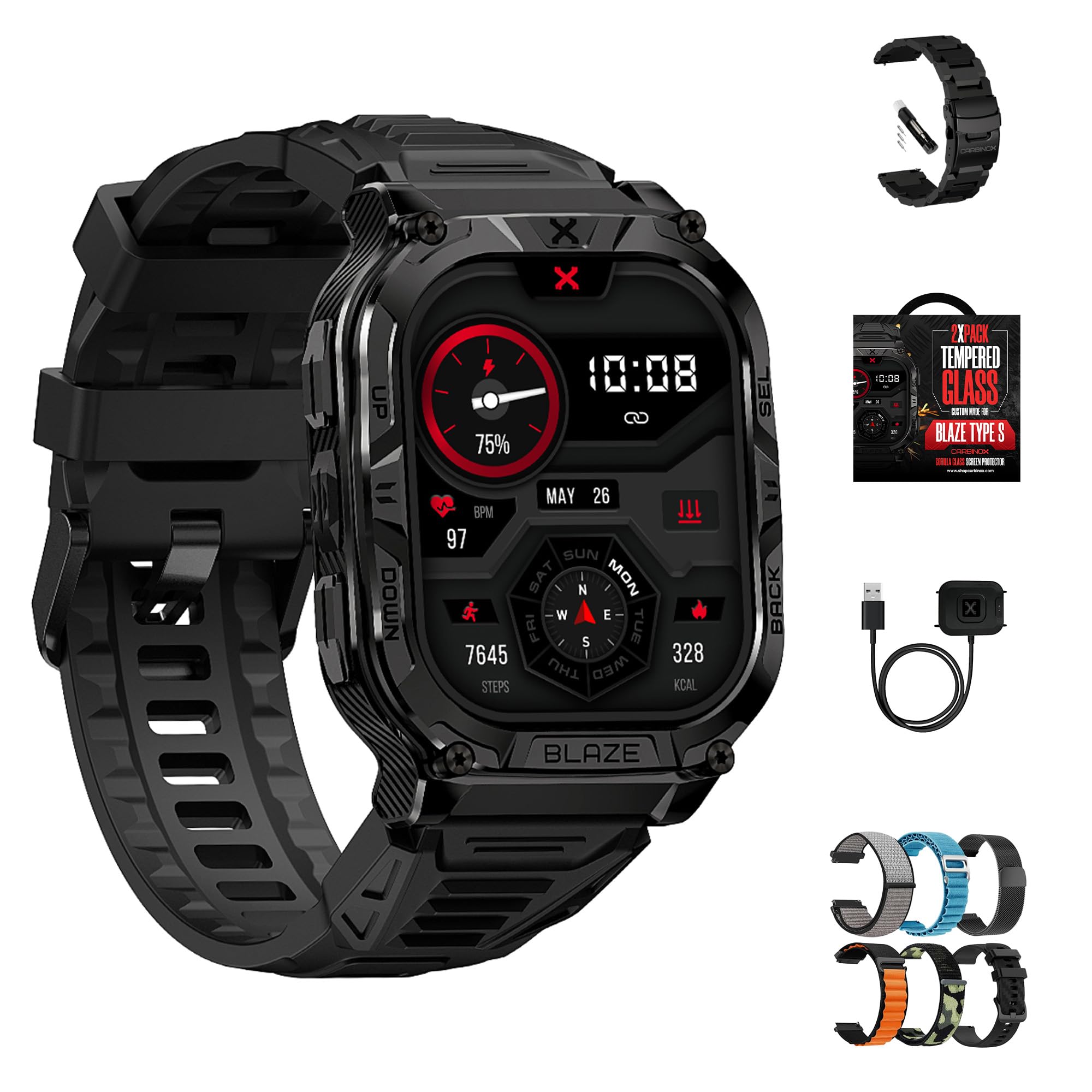 CARBINOX Blaze Smart Watch with GPS (Sport Mode), Fitness Tracker Waterproof IP69K, Compatible with Android and iOS, 170+ Sports Modes, Make/Receive Calls (Square Ultimate Pack)