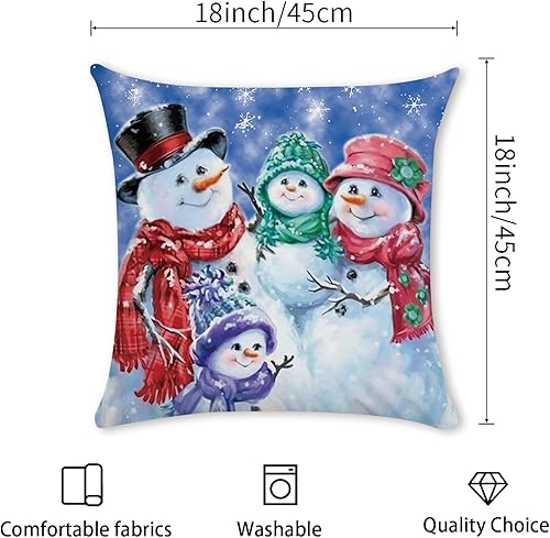Miniatura 8 de Juego de 4 fundas de almohada de muñeco de nieve de Navidad de 18 x 18 pulgadas, fundas de almohada de terciopelo suave para sala de estar,