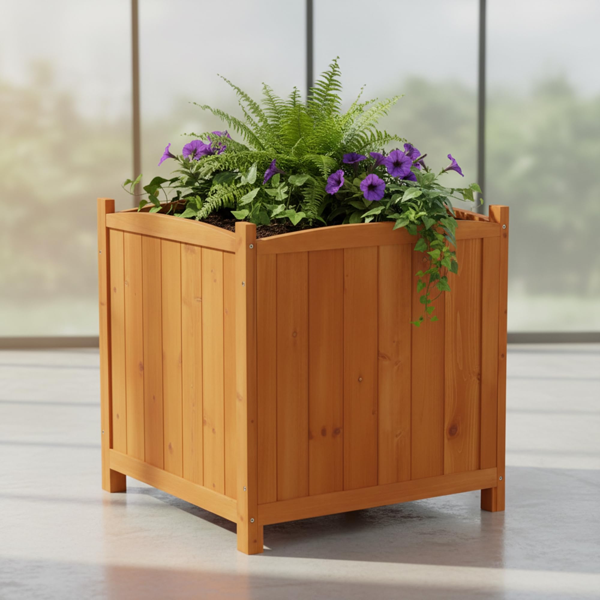 Mucola Blumenkübel Pflanzkübel Holz eckig 50 cm inkl. Pflanzfolie Braun | Für Blumen, Sträucher und Gemüse, geschwungene Abschlüsse mit silbernen Nägeln im Country-Look, auch für Innenhöfe geeignet