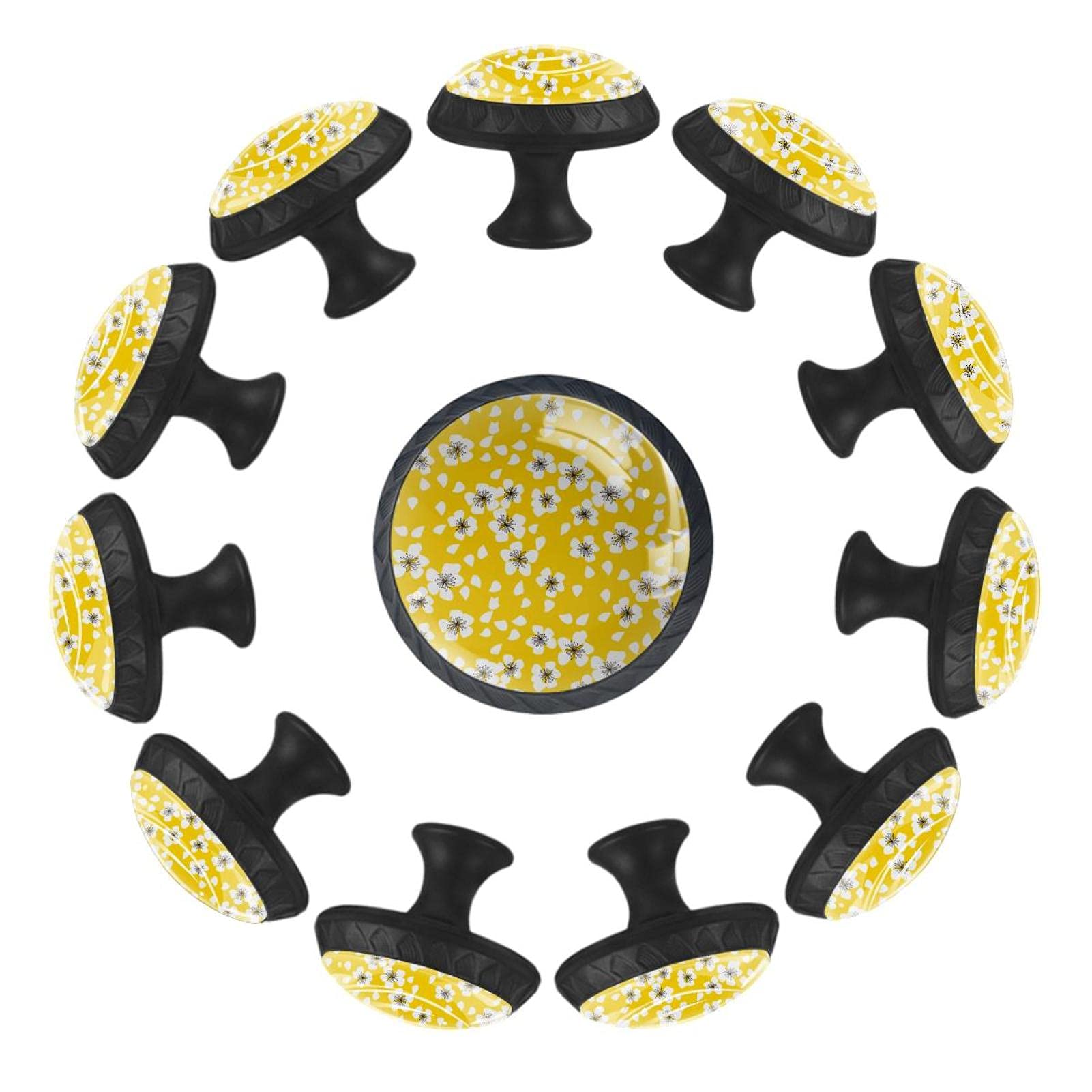 Boutons de tiroir ronds au design floral raffiné fond jaune 35 mm