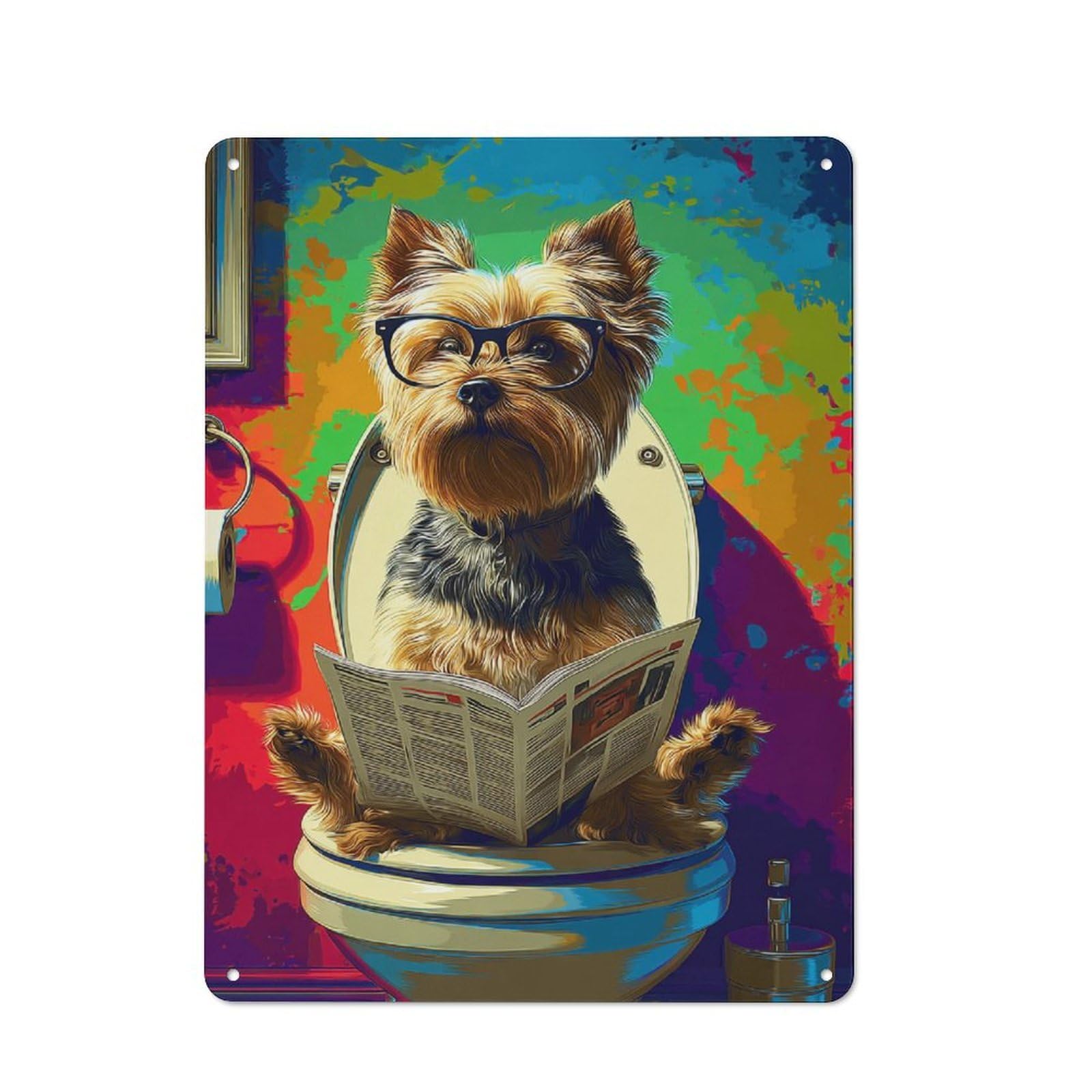 Junmoney Dog Reading Newspaper On Toilet -3 For Man Cave Or Games Room, Retro Metal Plaque 40X30cm, For Metal Sign Collectors, For Garage And Workshop Walls